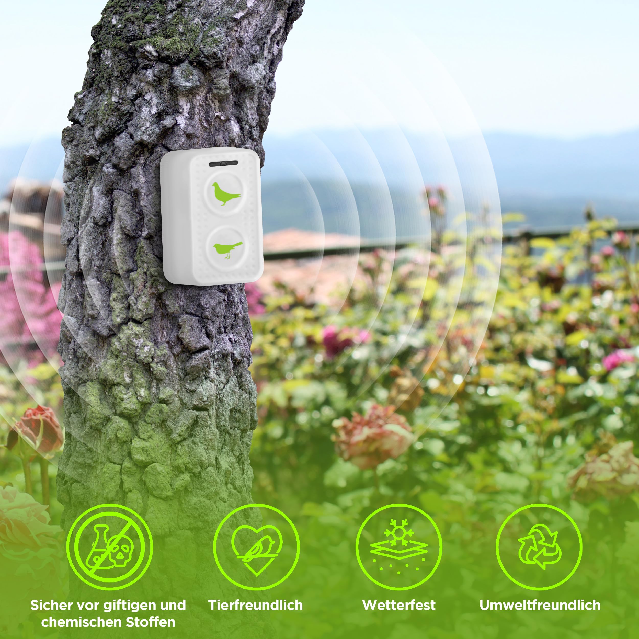 ISOTRONIC Ultraschall Vogelabwehr zum Vertreiben von Tauben, Spatzen, Möwen & Krähen – batteriebetriebener Vogelschreck für Balkon, Dach & Garten – Taubenabwehr mit 50m² Wirkungsbereich (1 Stück)