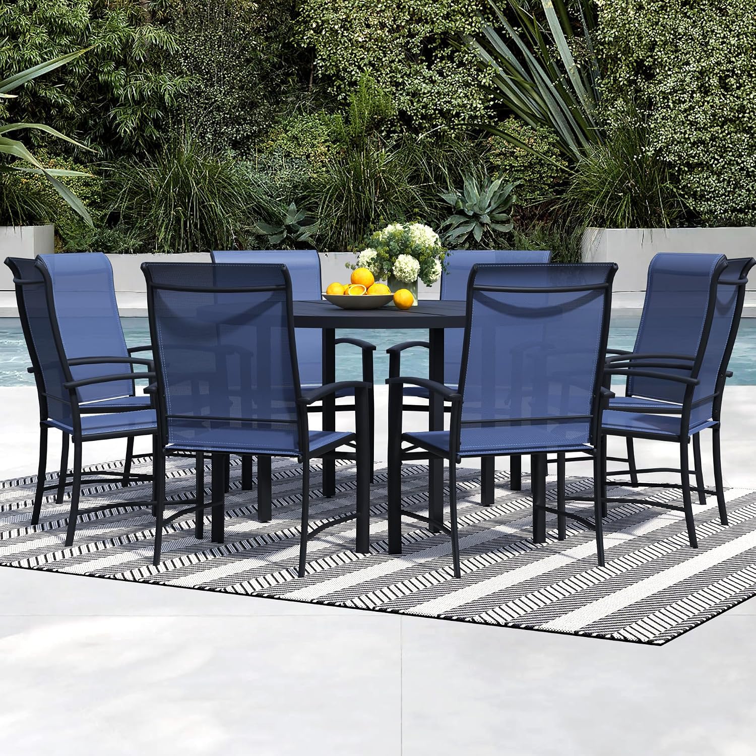 9 Piece Outdoor Dining Set, Patio Table and Chairs Set of 8, 60" Black Round Patio Table with 8 Blue Outdoor Patio Chairs for Lawn, Garden, Porch