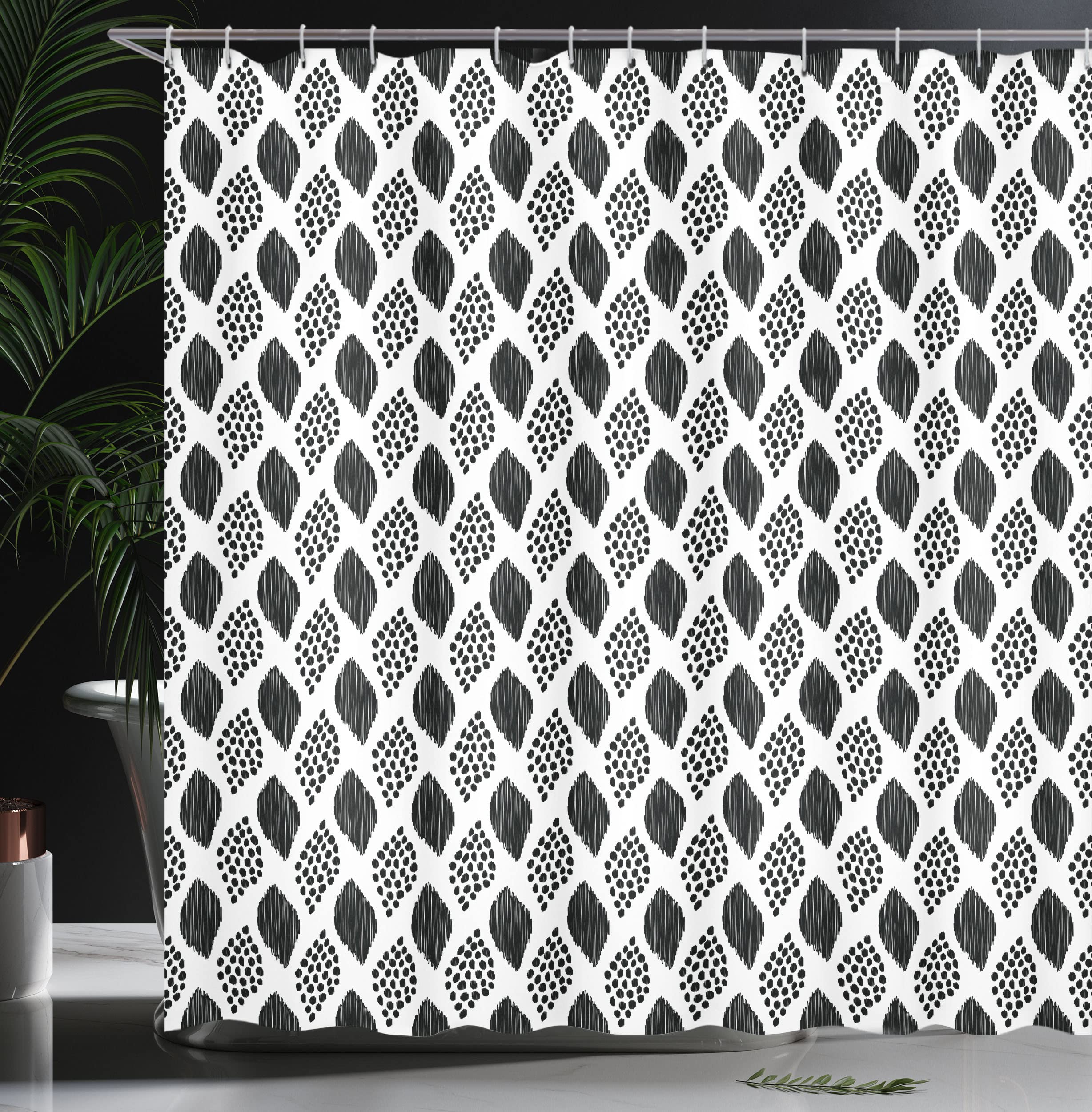 ABAKUHAUS Black and White Shower Curtain, Scribble Pattern with Abstract Black Dotted Leaves on White Background - Image 3