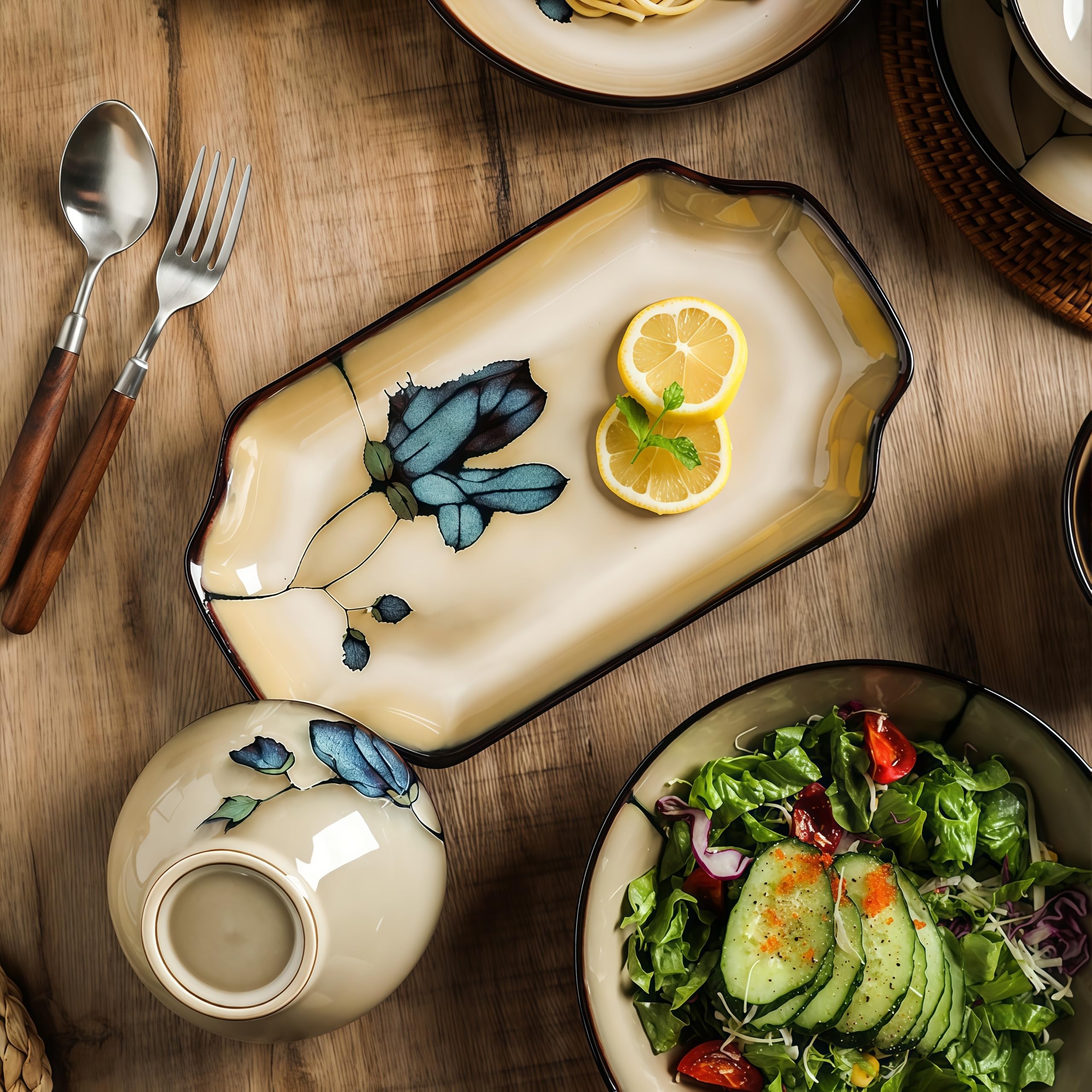 Ele Service de table 18 pièces en porcelaine pour 4 personnes comprenant des assiettes Ceic, des bols en Pa, une casserole à soupe, des cuillères chinoises et des chopstic – T en grès parfait pour les