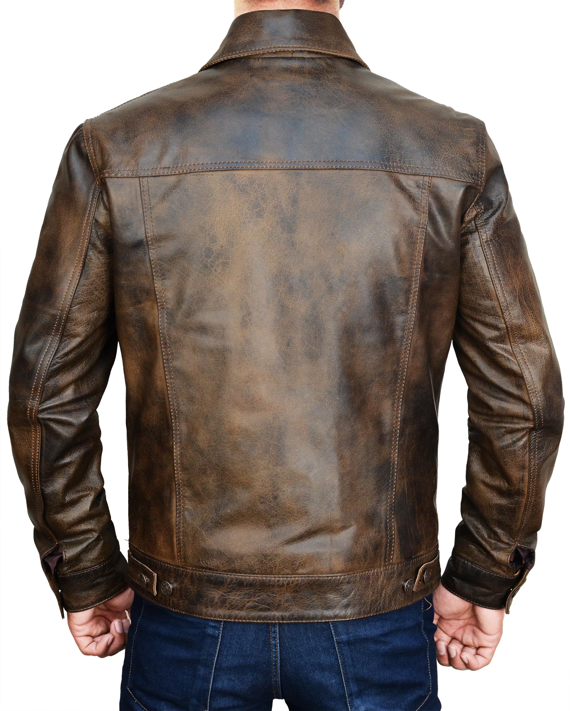 Harrington Veste de camionneur en cuir véritable pour homme – Col de chemise – Veste en cuir de cowboy occidental