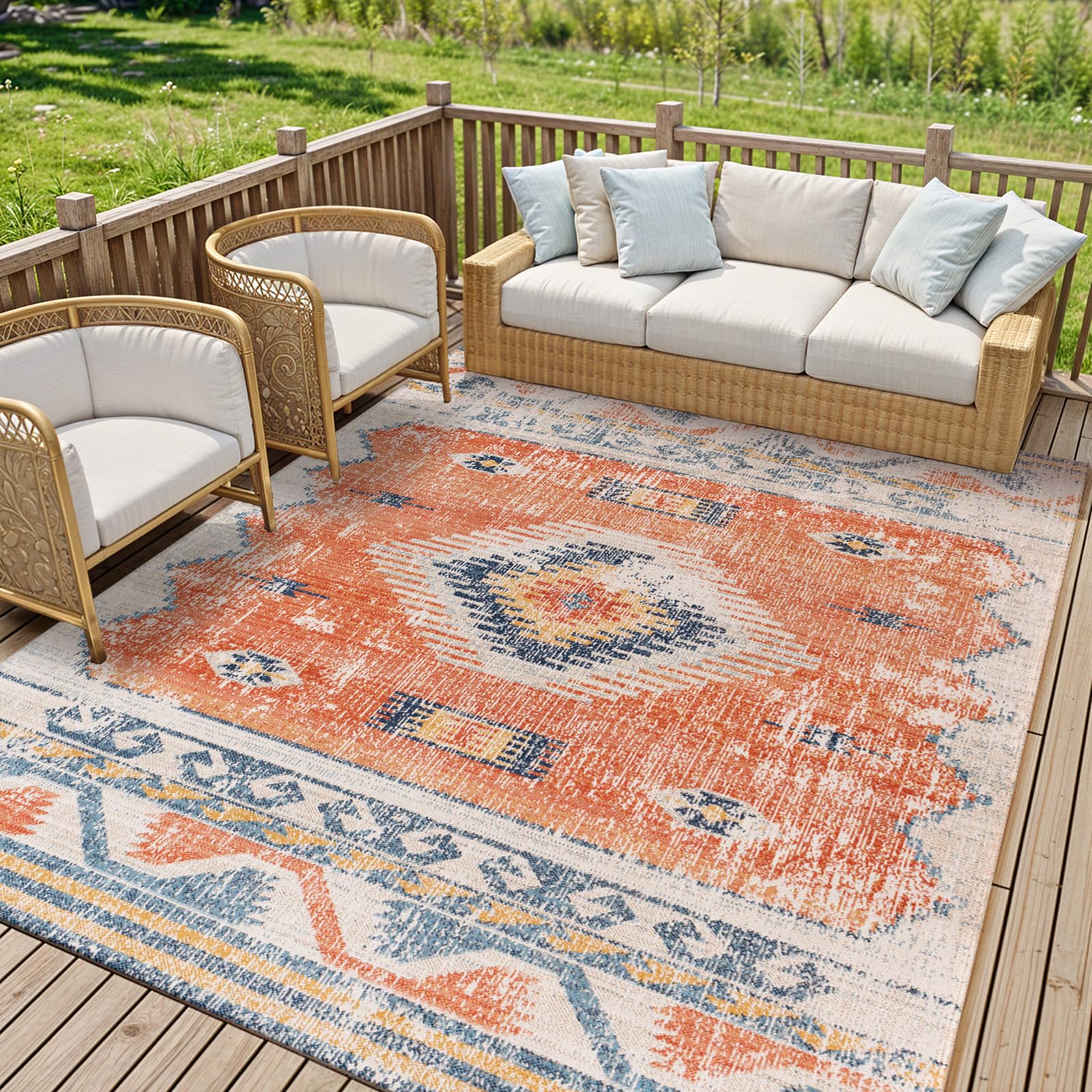 Livabliss Nawel Lusaka Indoor Outdoor Runner 80x150 cm – Boho Pattern for Hallway & Dining Area, Waterproof & Stain-Resistant, Rust & Blue