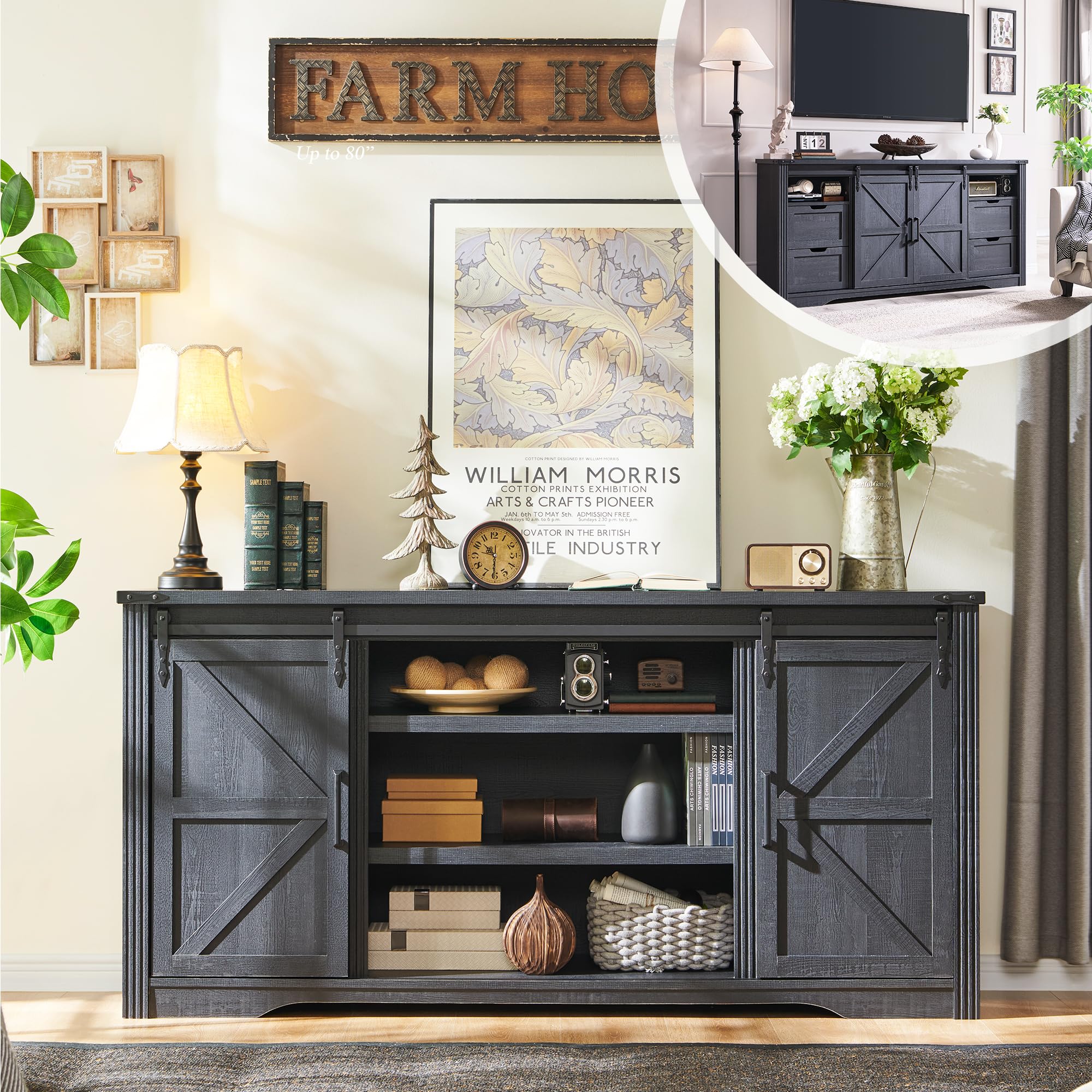 LINGMU Farmhouse TV Stand for 75 80 Inch TV, 32" Tall Entertainment Center w/4 Drawers & Sliding Barn Door, Rustic Media Console w/Storage Shelves, 66