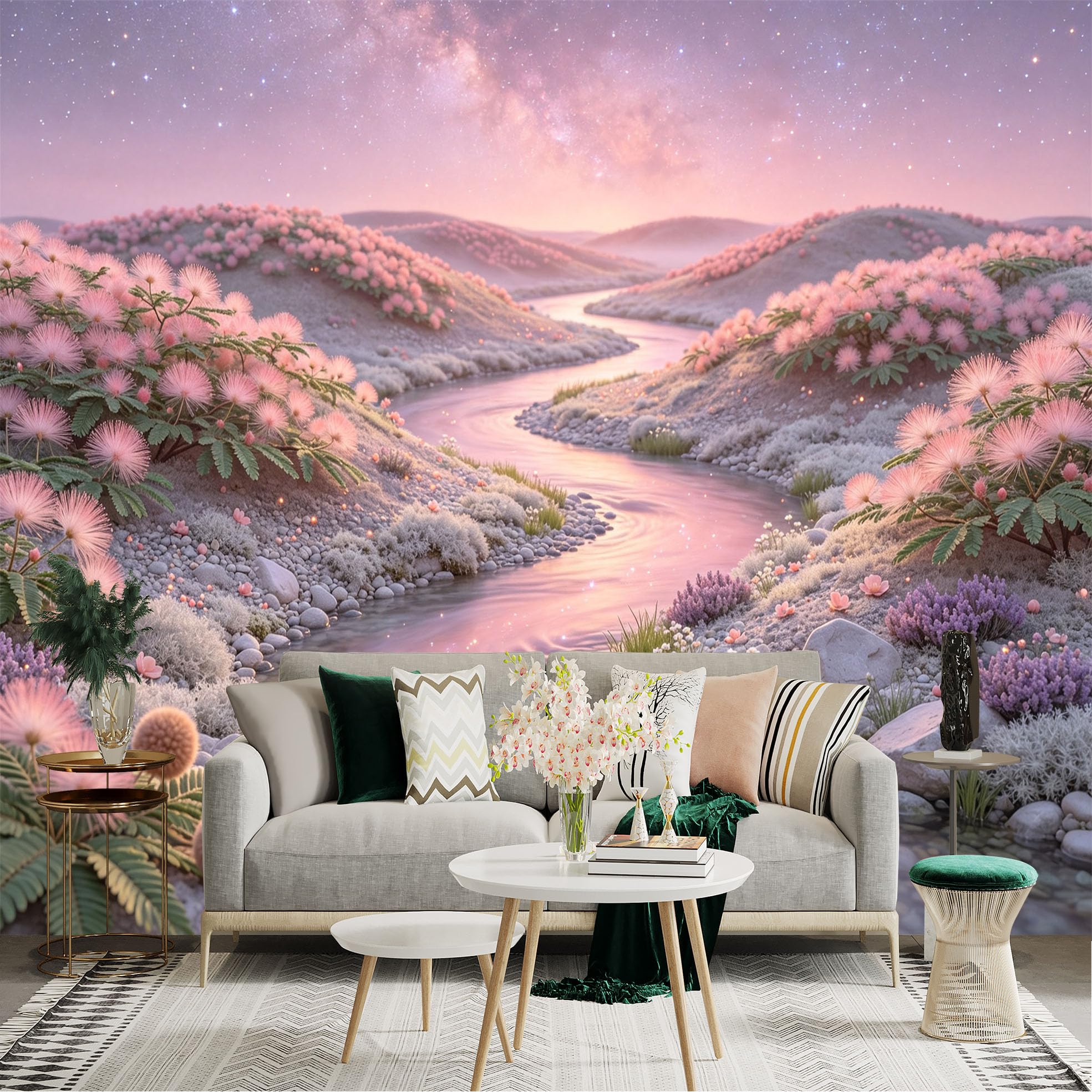 Lnzczhyre Bh260719210 Custom Size Wall Sticker Mural， Dreamy Pink Landscape， Winding River Through Floral Hills， Glowing Starry Sky， For Wall Decoration， Peelandstick Wall Decals.