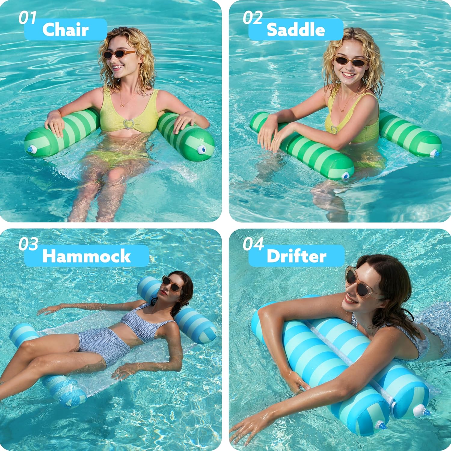 Sloosh 3 Pack Inflatable Pool Float Hammock, Water Lounges, Multi-Purpose Swimming Pool Accessories (Saddle, Lounge Chair, Hammock, Drifter), Lake, Outdoor, Beach