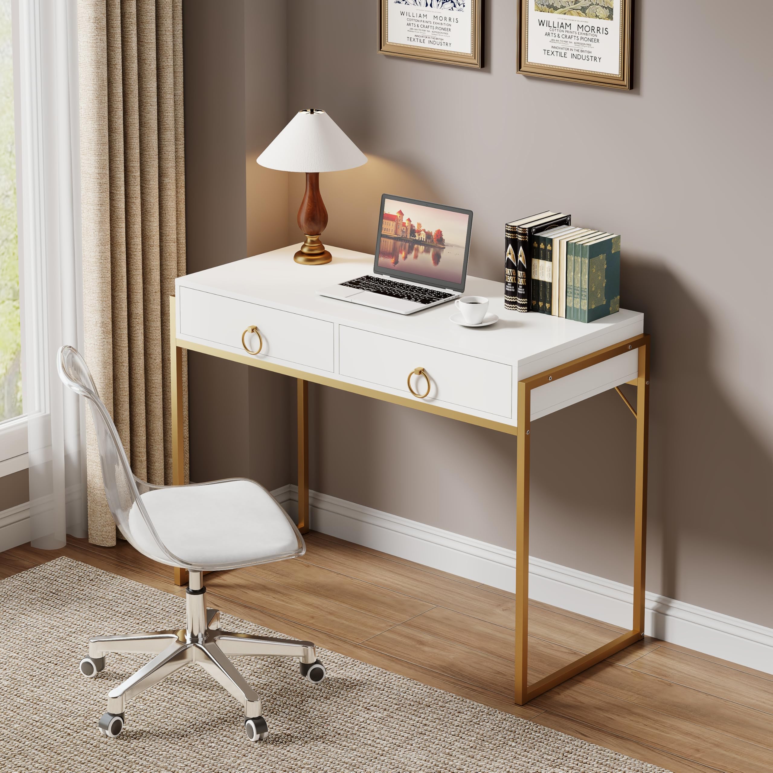 Scrivania per computer con cassetto, tavolo da toeletta da 106,7 cm per camera da letto, piccola scrivania per casa e ufficio, tavolo da toeletta moderno con contenitore, bianco