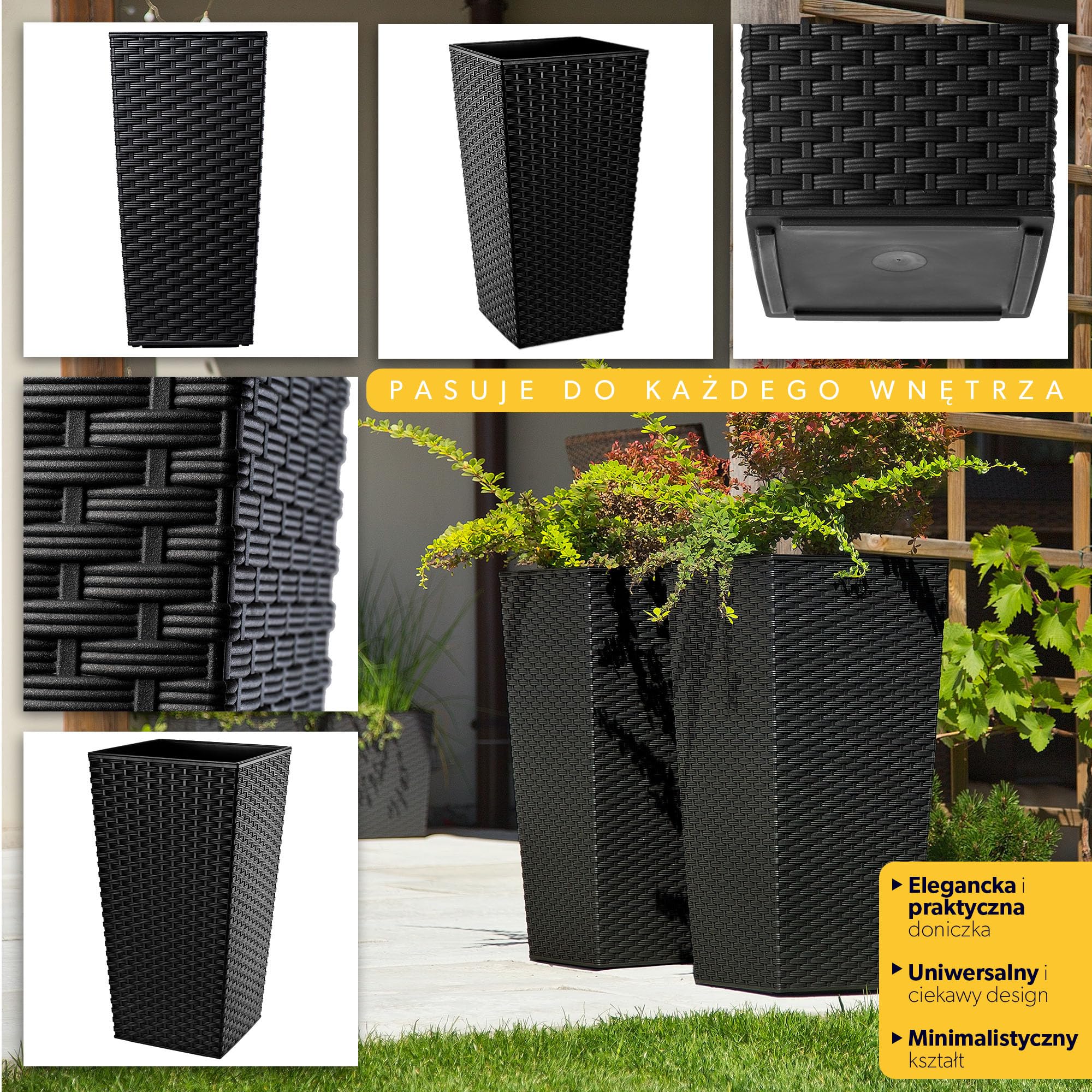 KADAX Zestaw 3 Donic z Wkładem wys. 36/46,5/57,5 cm, ok. 43L łącznie, Czarny rattan Rattan odporne na warunki atmosferyczne do Wewnątrz i na Zewnątrz