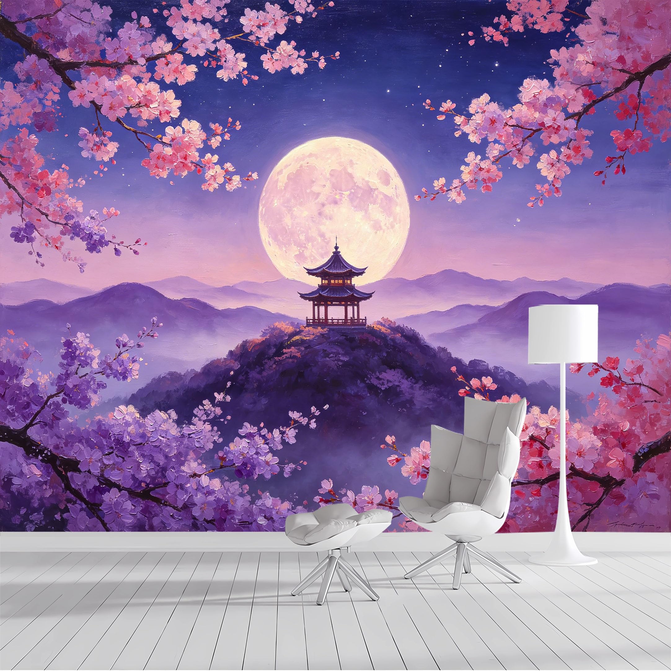 Custom Size Wall Mural Cherry Blossom Full Moon Mountain Pagoda Landscape Watercolor SelfAdhesive Wall Fabric Removable Peel and Stick Wallpaper Wall Decor for Living Room Bedroom Bathroom