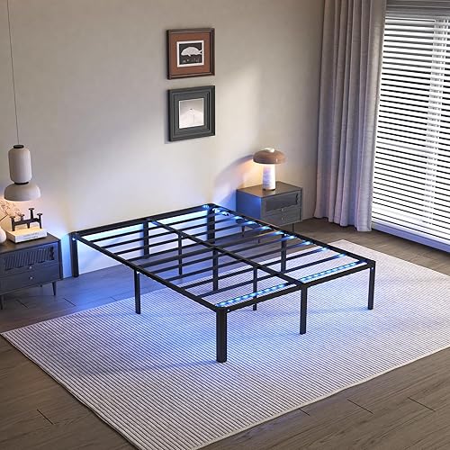 Miniatura 8 de Base de cama Queen con luces LED, plataforma de metal resistente de 14 pulgadas, marco de cama tamaño Queen con estación de carga, no necesita
