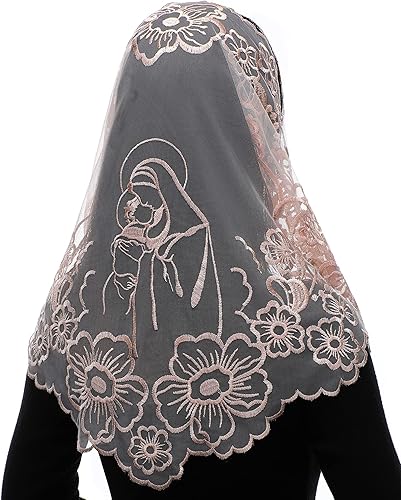 Bozidol Chapel Veils Catholic Mass Mantilla - Virgen y Niño Bordado Encaje Triángulo Cubiertas de Cabeza Velo Floral Iglesia