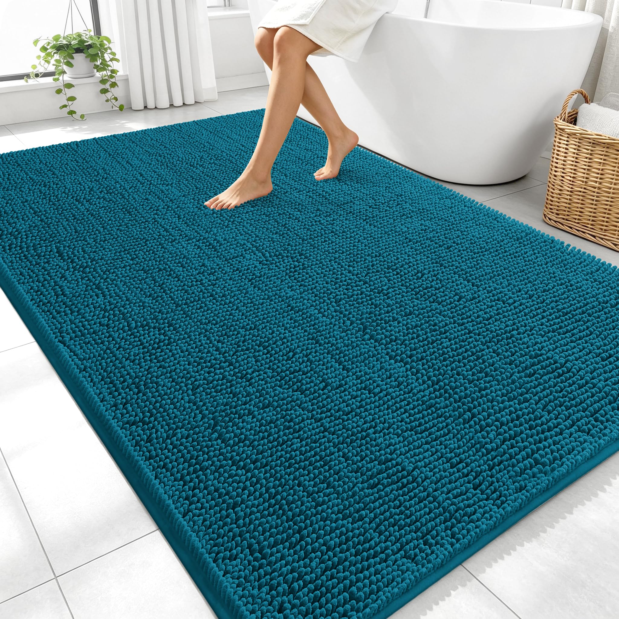 OLANLY Large Bathroom Rugs 70x46, Extra Soft Absorbent Chenille Bath Rugs | Peacock Blue, Quick-Drying Rubber Backing, Washable Bath Mat for Bathroom Floor, Tub and Shower, Home Decor Accessories