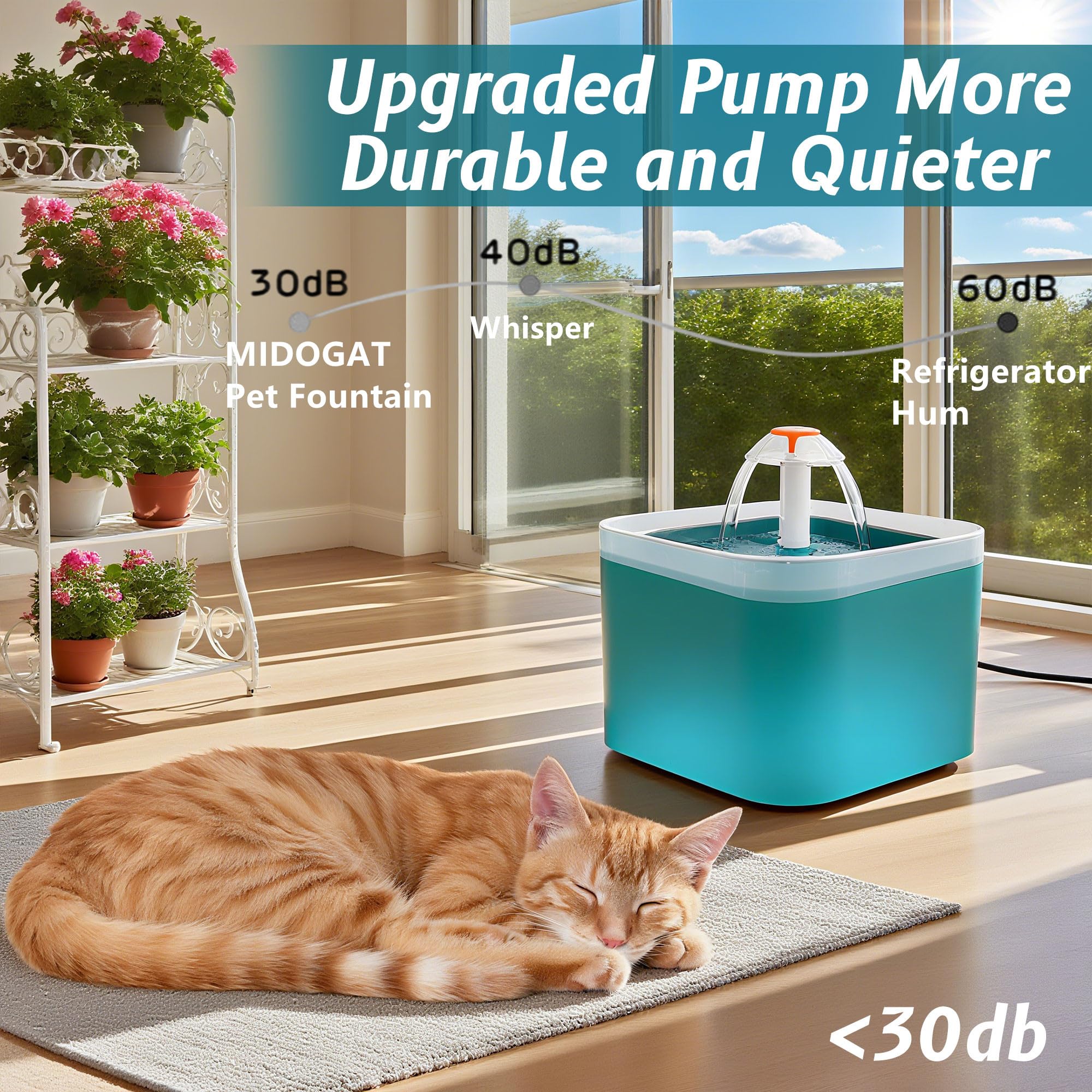 Fuente de agua para gatos, fuente de agua para mascotas con luz LED, gran capacidad de 67 onzas/2.0 L, cuenco de agua para gatos, 3 diseños de flores y silenciosa