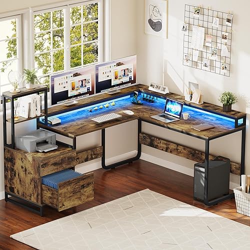 DWVO Escritorio en forma de L con cajones y gabinete, escritorio reversible para computadora con tomas de corriente y luces LED, escritorio de