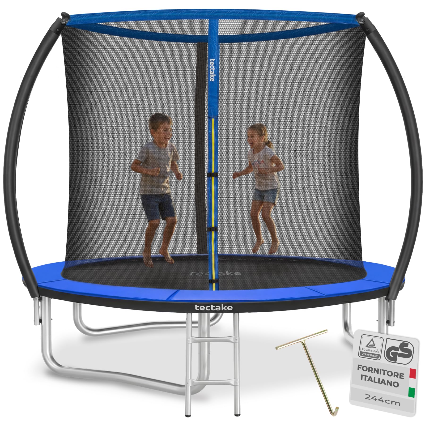 tectake® Trampolino Elastico per Bambini e Adulti Ø 244/305/366 cm, Certificato GS, Tappeto Sport Resistente agli Strappi, Rete di Sicurezza Bambini, Scaletta, Struttura in Acciaio, Bordo Imbottito