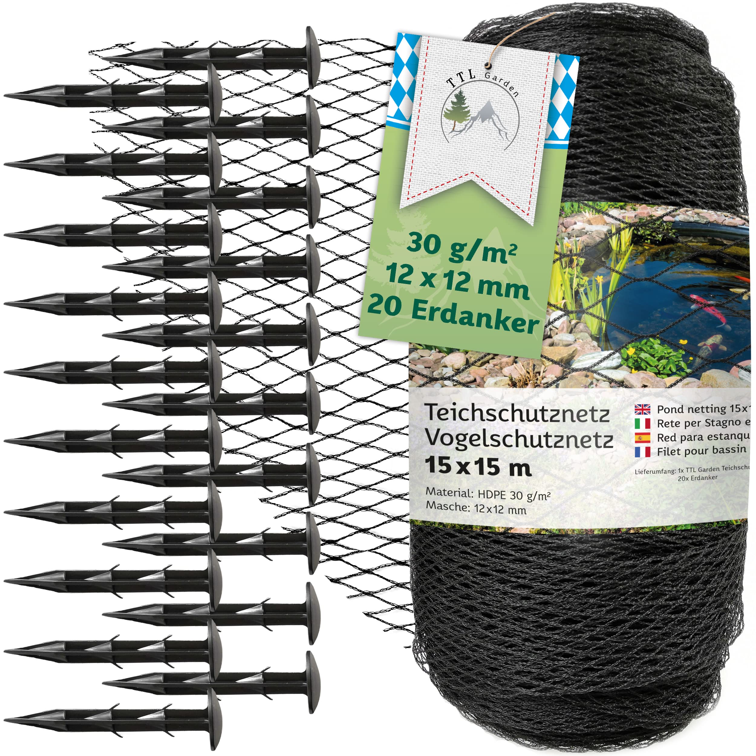 TTL Garden Red de protección para pájaros de 15 x 15 m, color negro, 30 g/m² – 12 x 12 mm, malla estrecha de polietileno de alta densidad de polietileno de alta densidad, red para árboles frutales,
