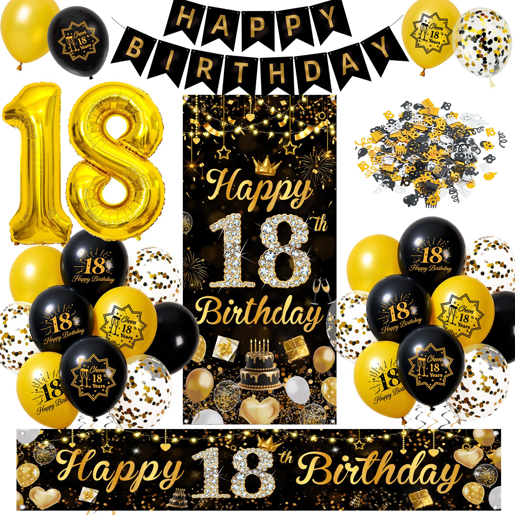 Happy 18th Birthday Decorations Set, Black Gold Party Balloons Decor Set