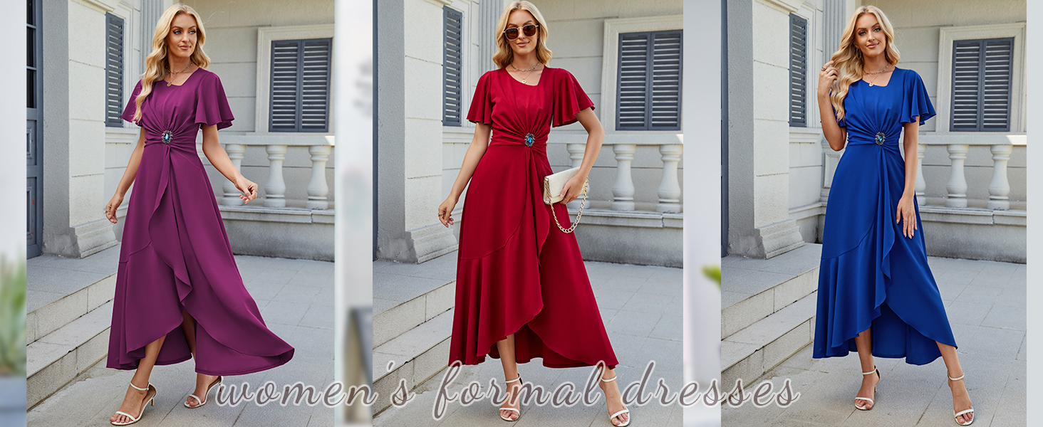 QMZ Women V-Neck A-Line Formal Dress Wedding Guest Evening Party Gown-Bright red-S : Clothing, Shoes & Jewelry