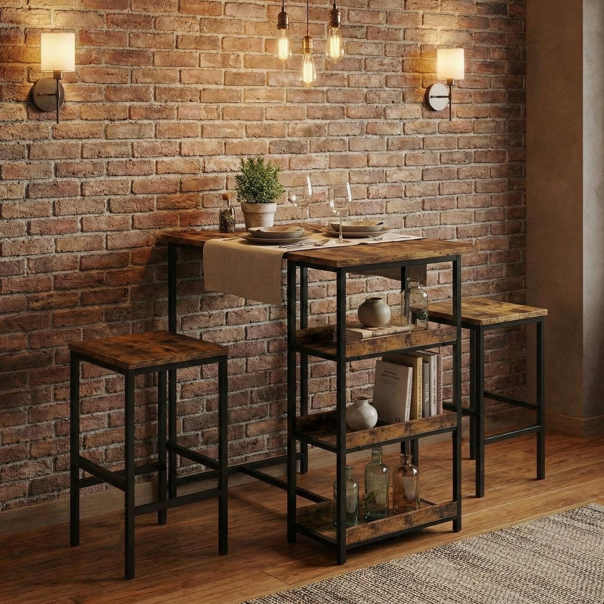 Garvee Bar Tisch Und Stühle Set, Rechteckiger Pub Tisch Mit 2 Hockern Für Kleinen Platz, High Top Tisch, 3-Teilige Frühstück Hocker Set, Robuster Metallrahmen, Einfach Zu Montieren, Rustikal Braun