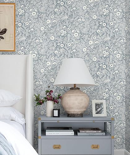 Papel tapiz azul para despegar y pegar, papel de pared floral azul para dormitorio/baño, papel de contacto bohemio vintage, extraíble, autoadhesivo,