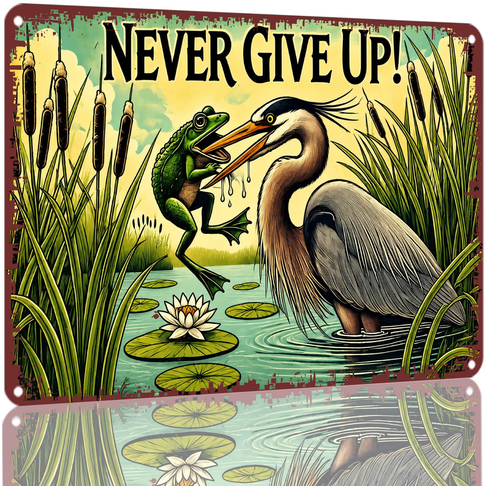 Kwqdozf As Pic 8X12 Inch Never Give Up Metal Sign Vintage Pond Frog Heron Decorative Alumi