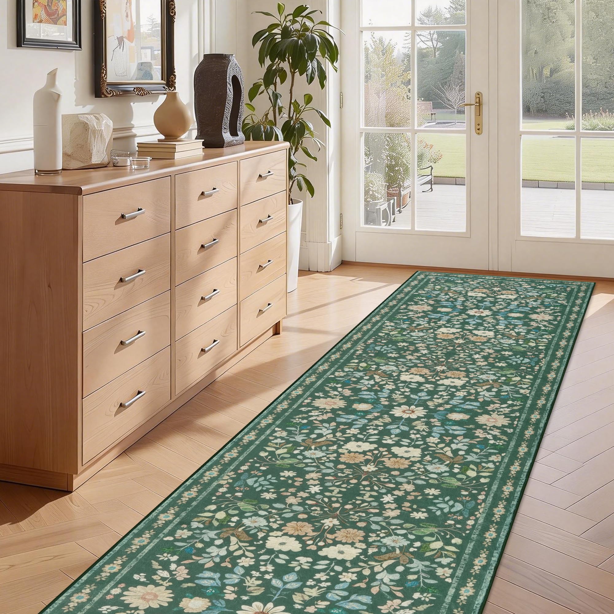 Homcomodar Blumen Teppich Läufer Flur rutschfest 80x300cm Läufer Küche Vintage Boho Teppiche Waschbar Küchenläufer Küchenteppich Grün Teppichläufer für Flur Küchen Eingang Wohnzimmer Schlafzimmer