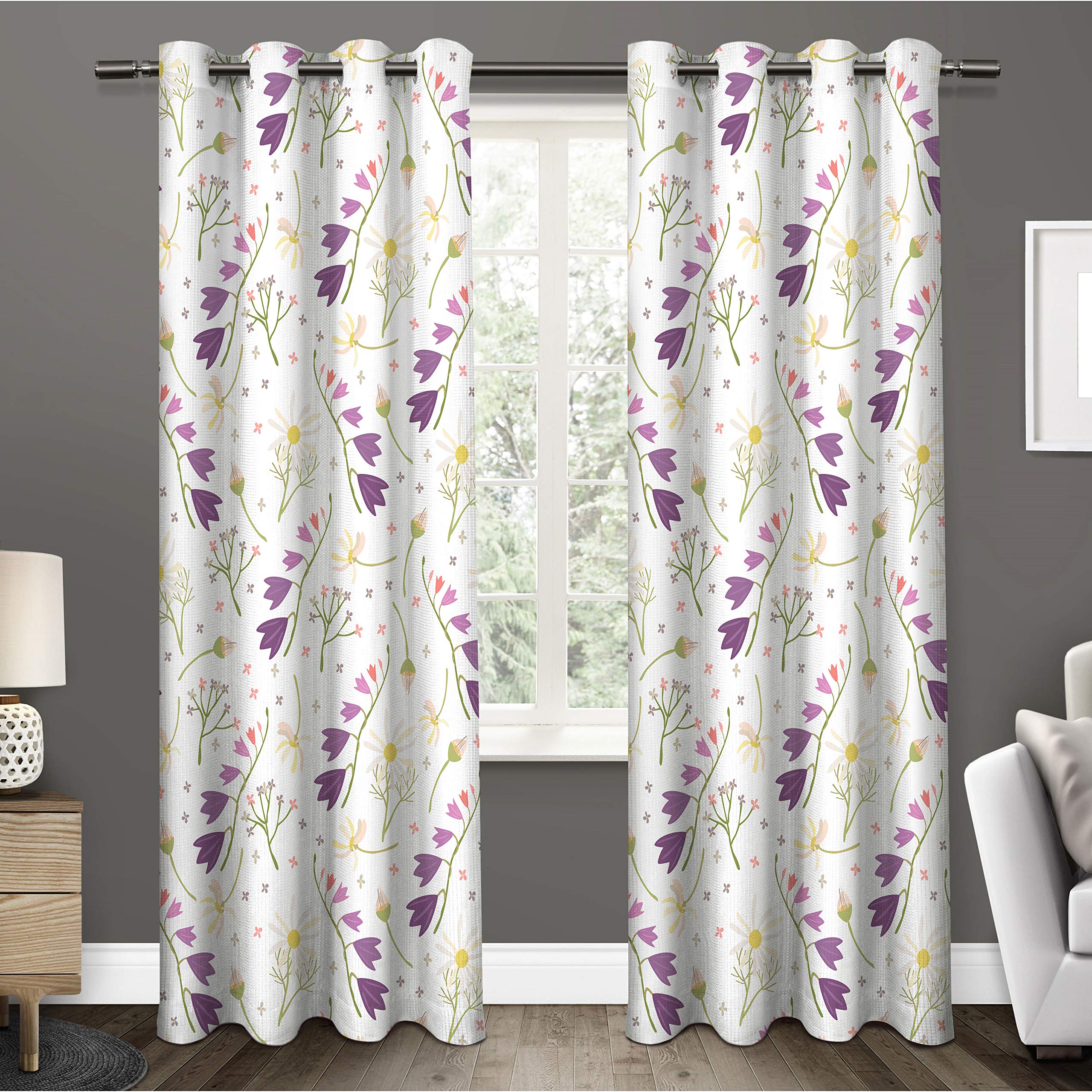 VR Creation White and Purple Flower Design Polyester Eyelet 3D Digital Printed 7 Feet Door Curtain Piece of 4