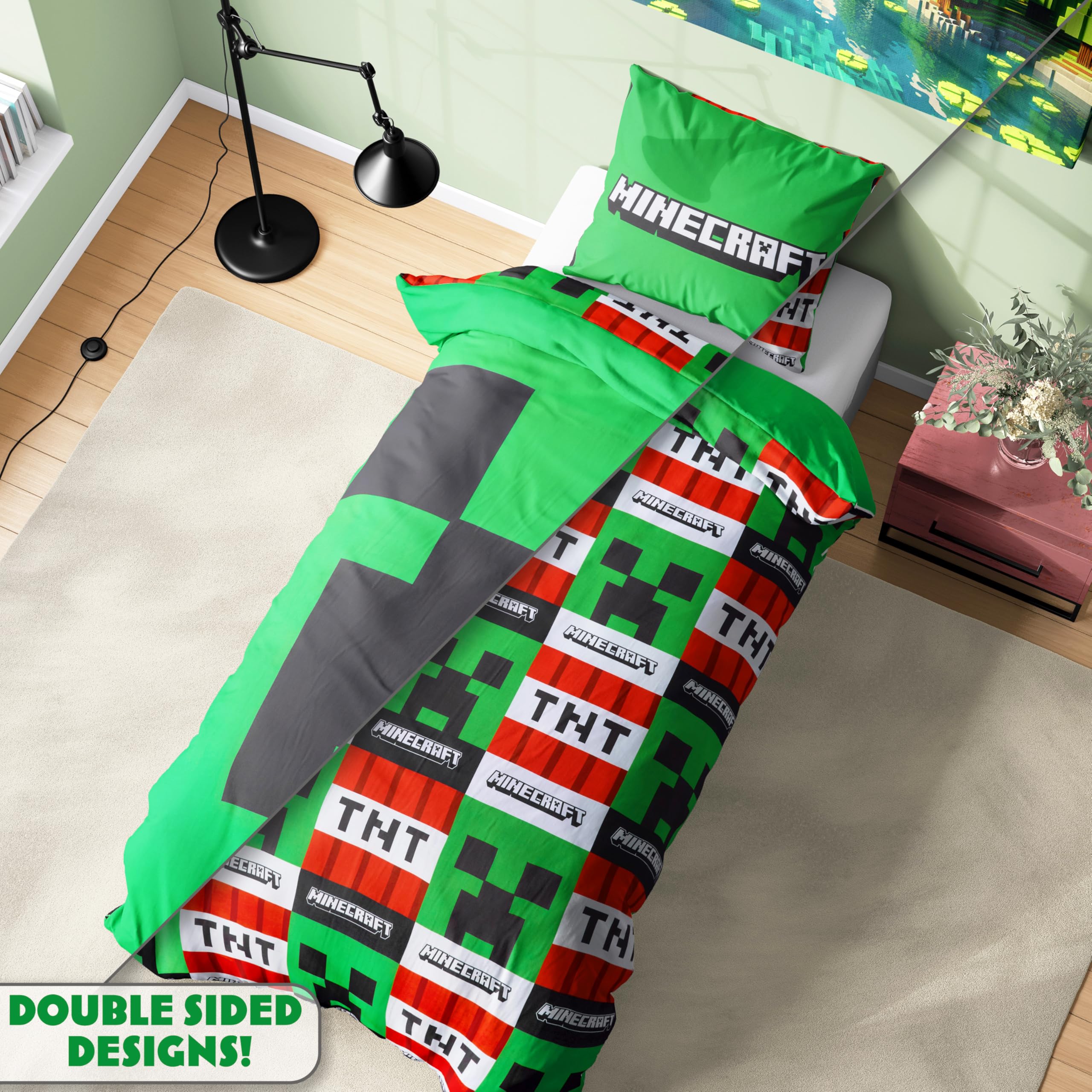 Get Trend Minecraft Pojedynczy zestaw poszewek na kołdrę dla dzieci i nastolatków, dwustronna pościel i poszewka na poduszkę dla chłopców i dziewcząt, akcesoria do sypialni, prezenty anime dla