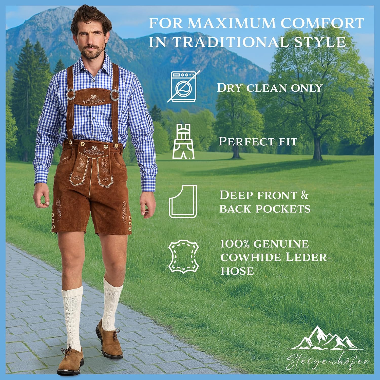 STEIGENHÖFER Lederhosen Men - Authentic German Bavarian Shorts - Real Leather Oktoberfest Costume - Trachten Outfit