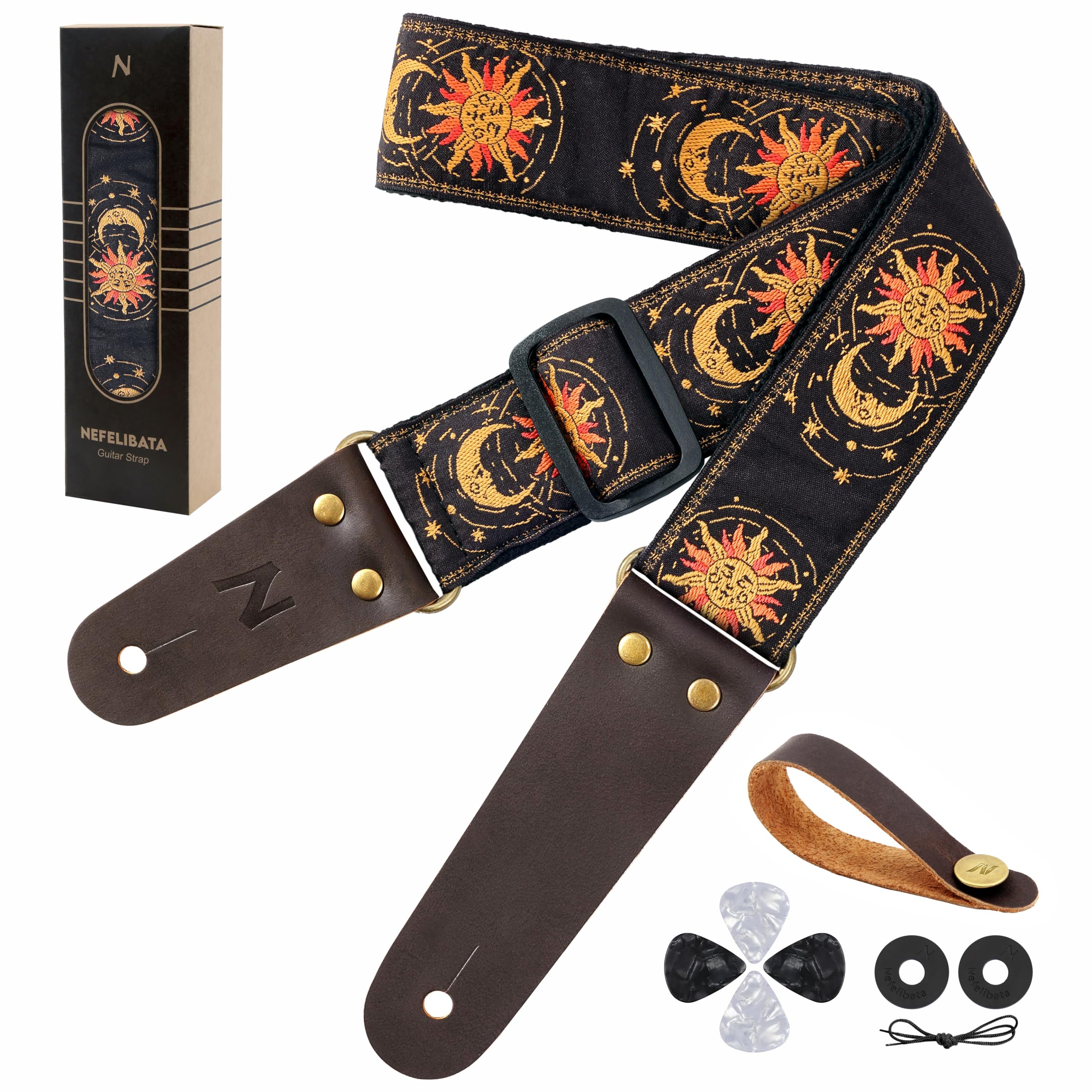 Guitar Strap, Sun & Moon Embroidery Guitar Straps with Head Cowhide Leather Ends for Bass…