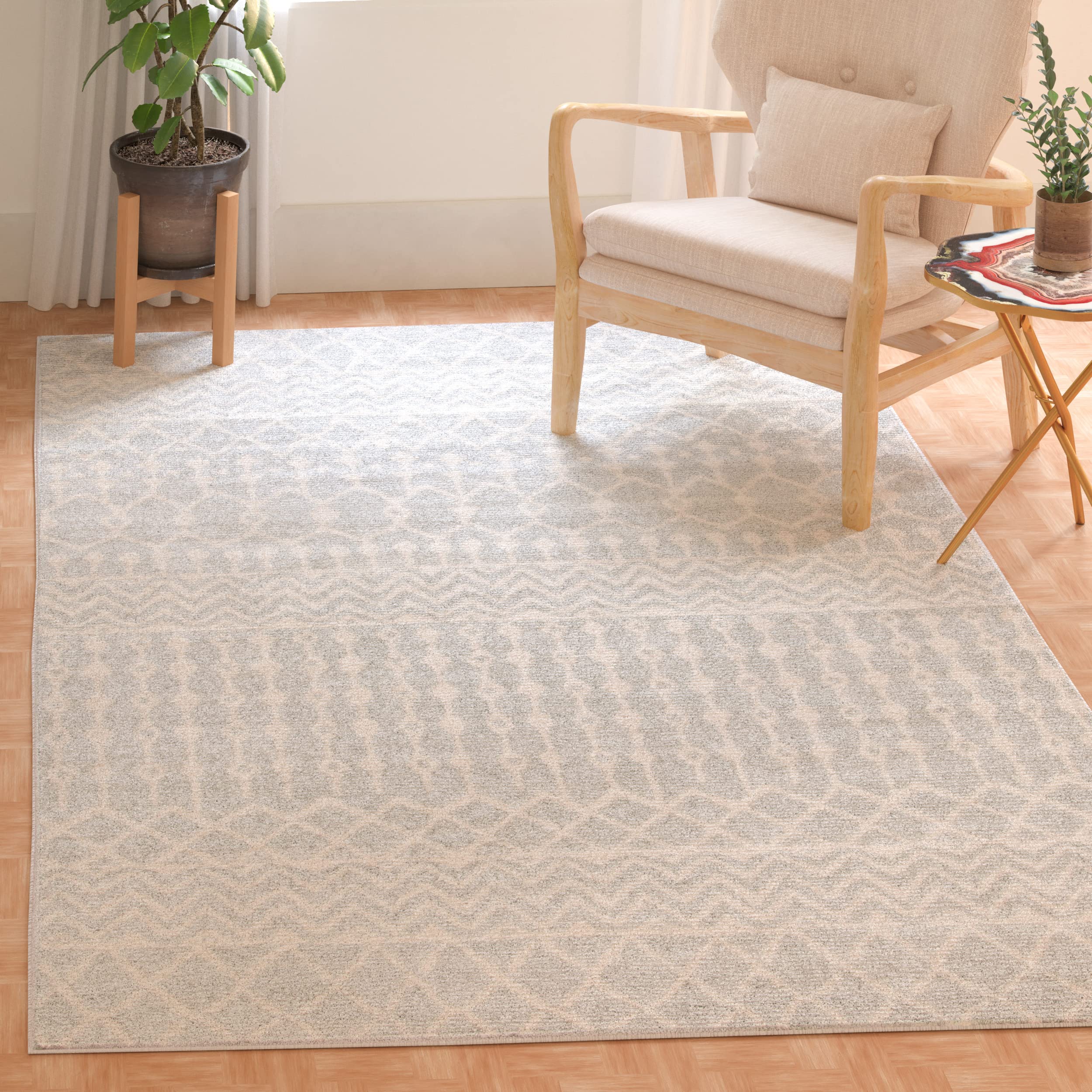 SAFAVIEH Tulum Collection Area Rug - 3' Square, Light Grey & Ivory, Moroccan Boho Distressed Design, Non-Shedding & Easy to Clean, Ideal for Entryway,
