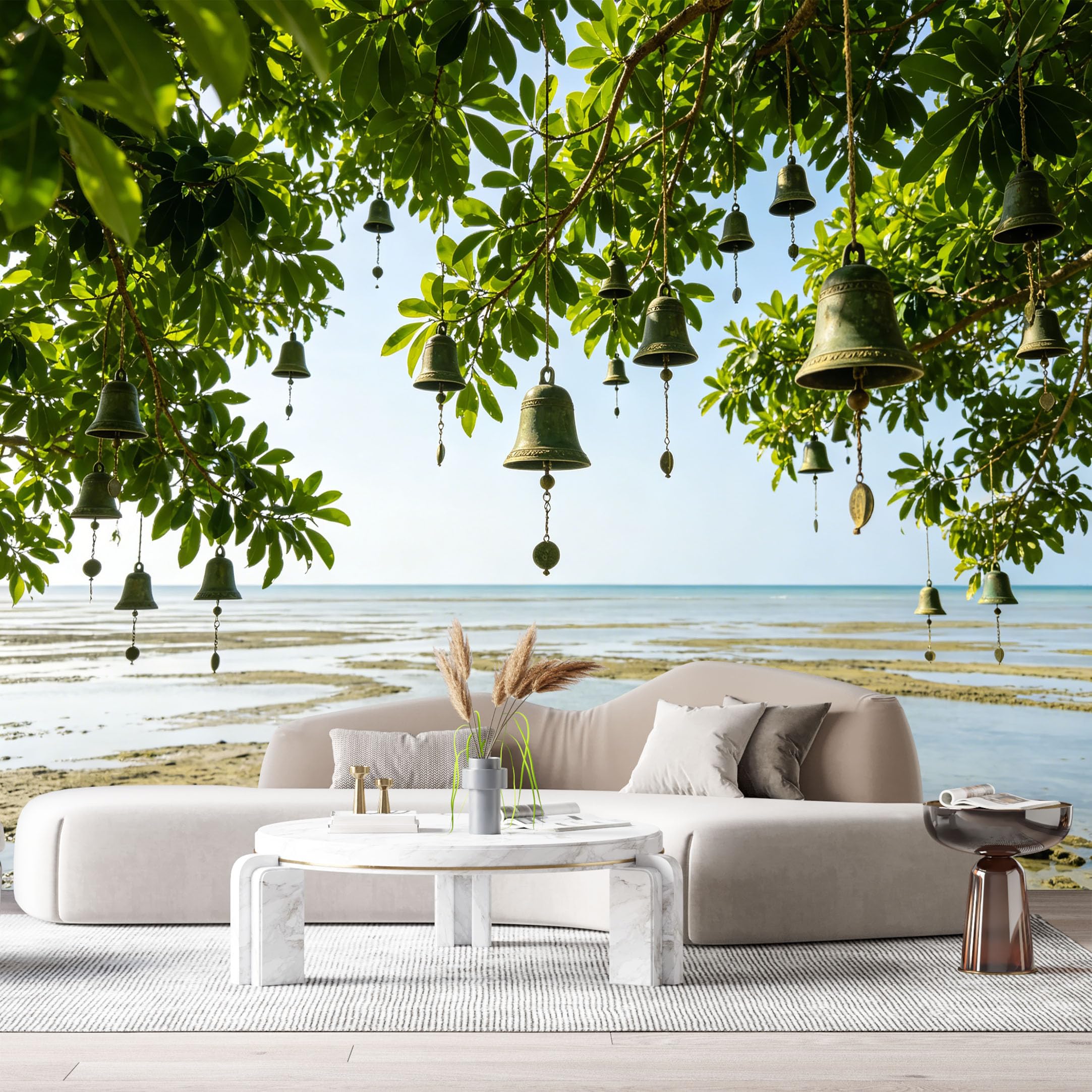 Custom Size Wall Murals Coastal Marine Landscape Tropical Tree Bronze Bells SelfAdhesive Wall Fabric Removable Large Wallpaper Photo for Living Room