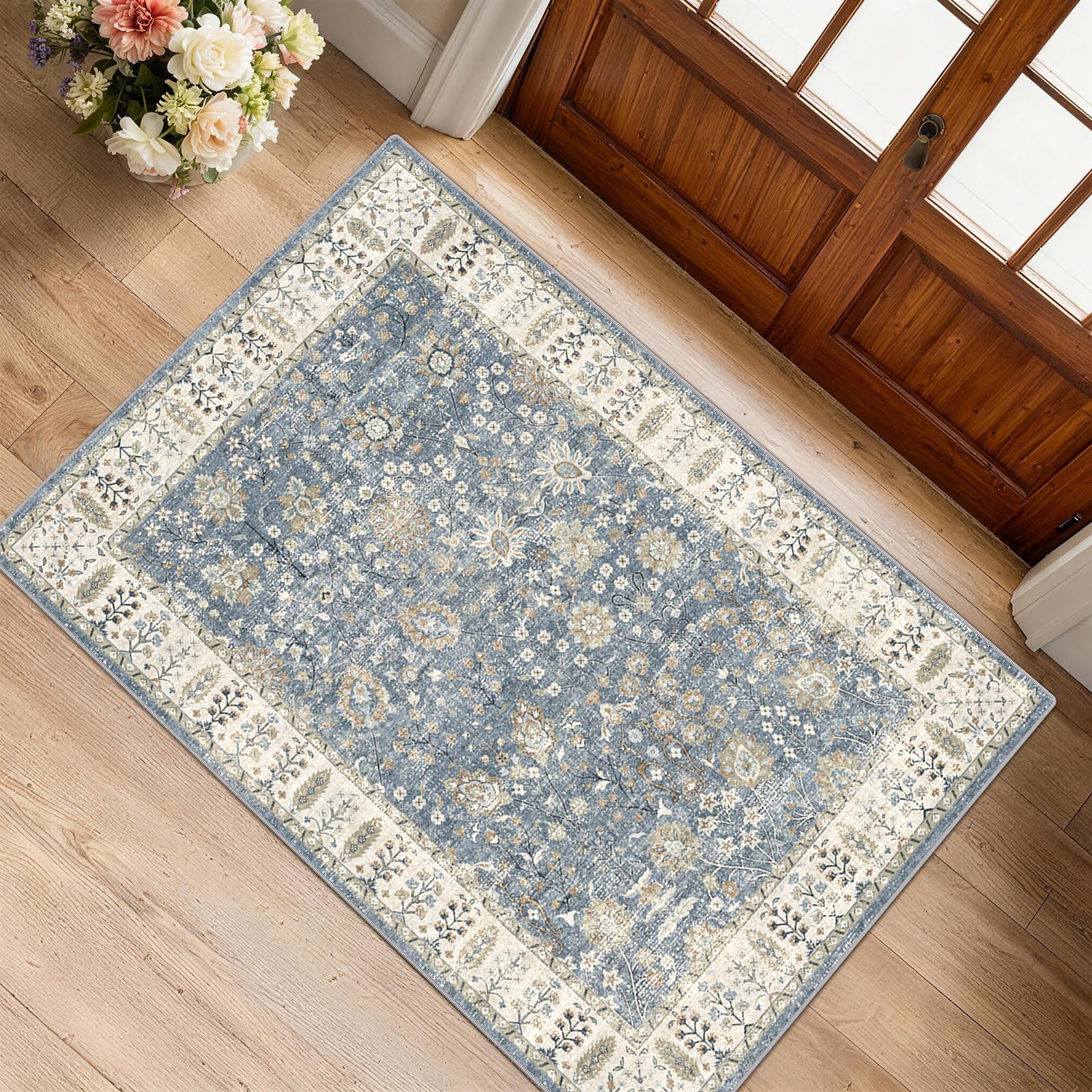 XSIVOD Washable Small Rug, Vintage Non Slip Door Mat, 60x90cm, Blue