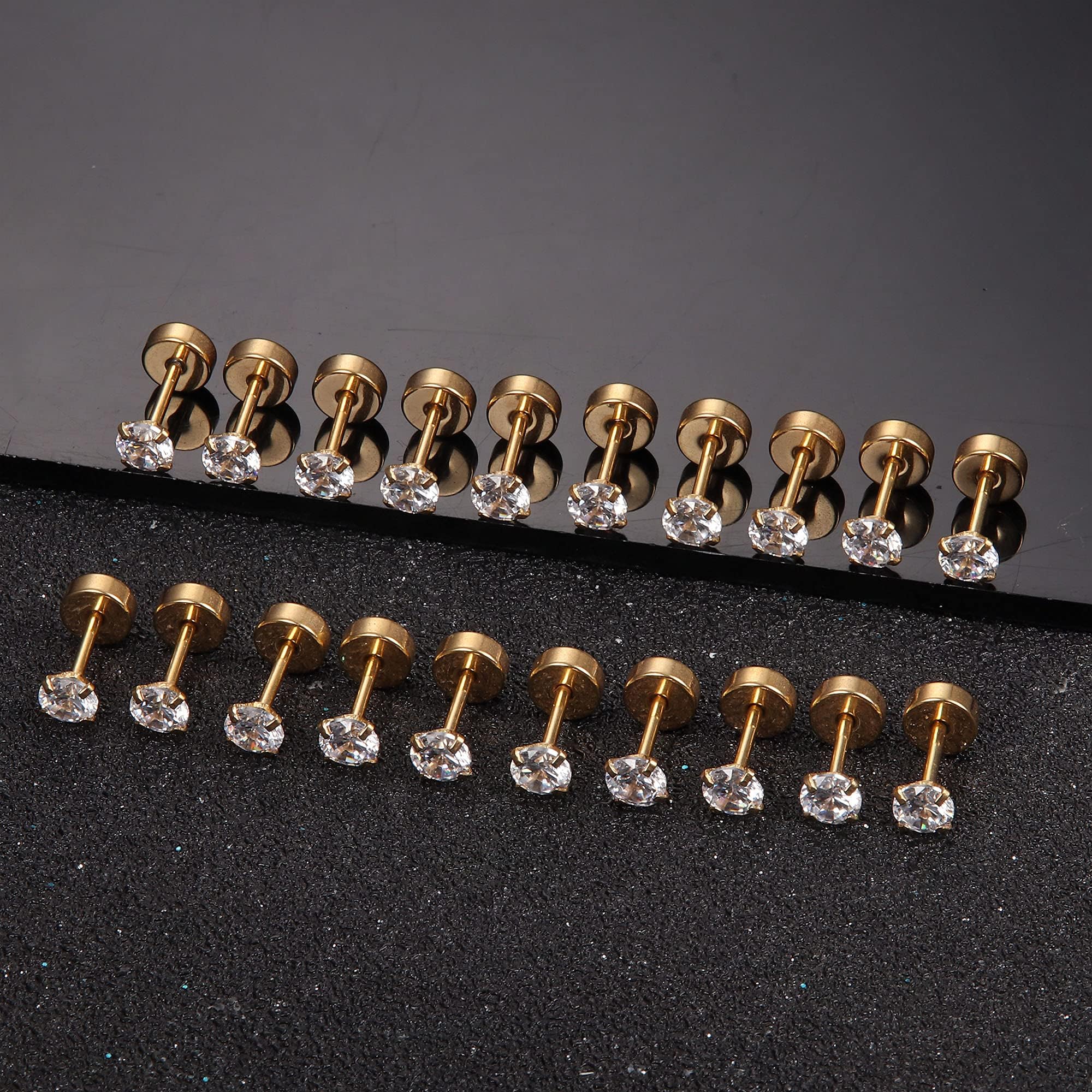 Dochais Kolczyki ze stali nierdzewnej dla mężczyzn i kobiet, 10 par, 20 g, złote/czarne, 2 mm/3 mm/4 mm, z cyrkonią, hipoalergiczne kolczyki typu flatback
