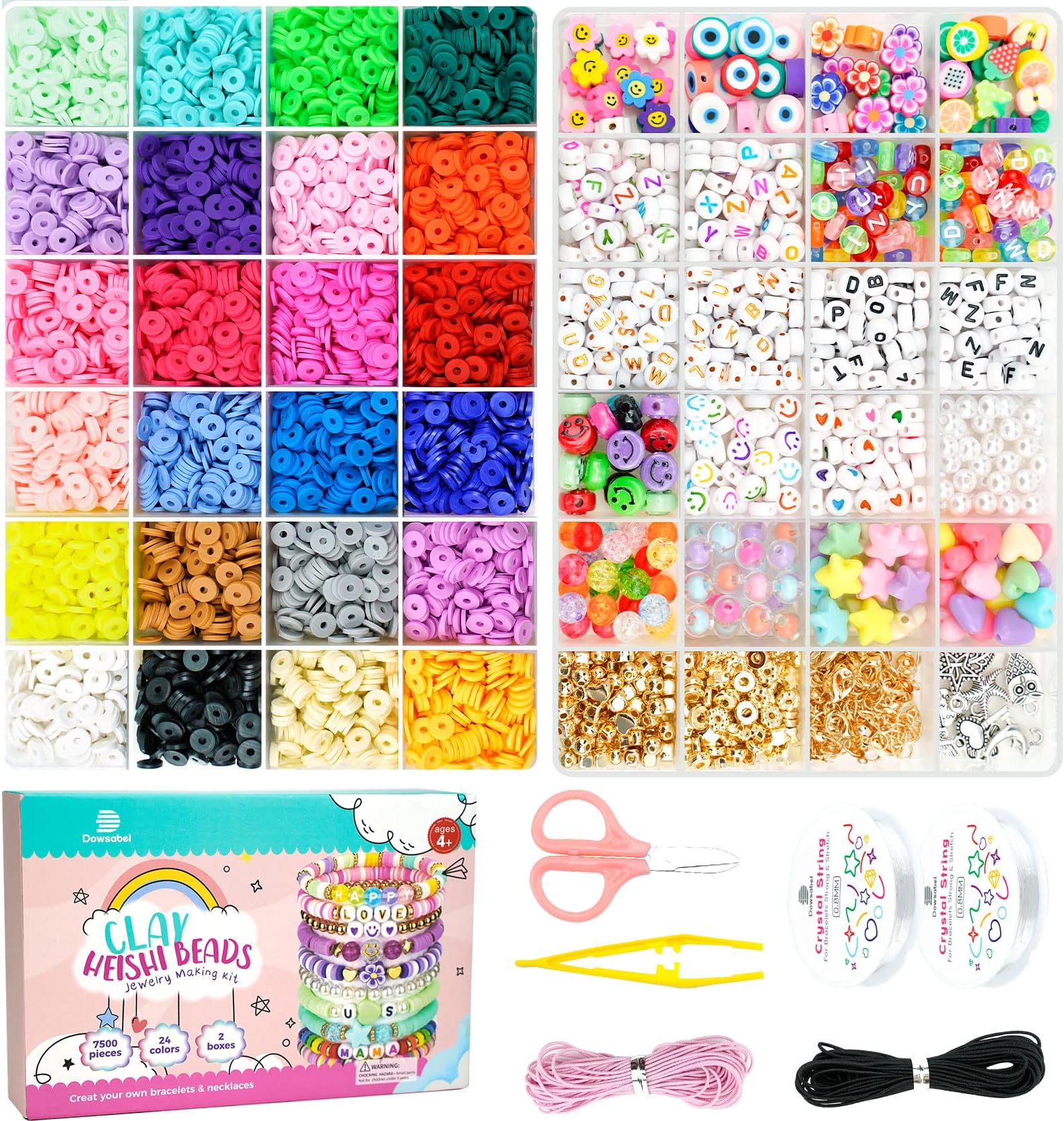 Dowsabel Clay Beads 7500 Pcs Friendship Bracelet Making Kit,2 Boxes 24 Colors Polymer Heishi Beads with Letter Beads for Jewelry Making, DIY Arts and Crafts Gifts Toys for Girls Age 4+