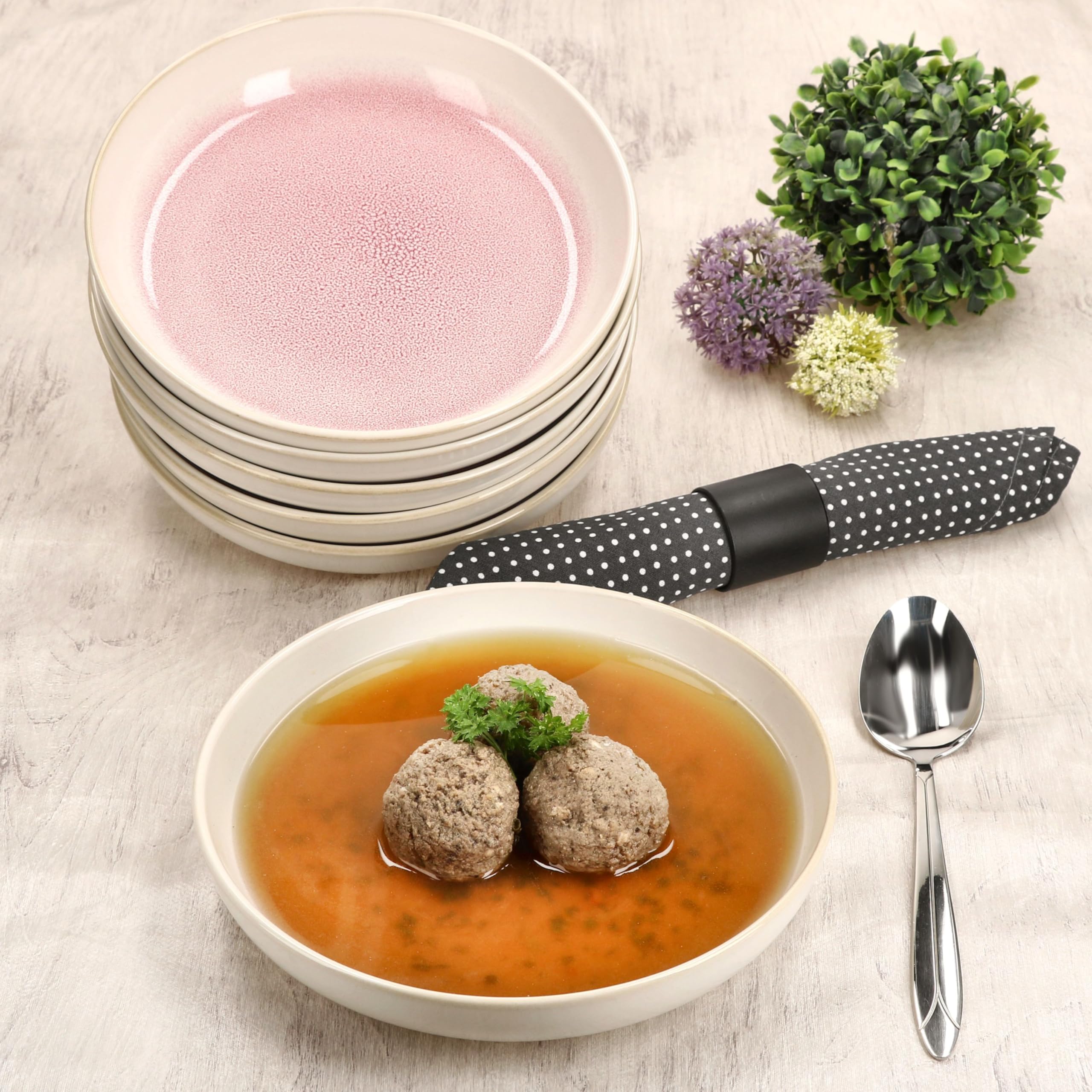 MamboCat Reactive Glaze Paris - Set di 6 piatti fondi, 400 ml, crema e rosa, piatti in gres porcellanato per 6 persone, piatti profondi per insalata, pasta, cereali e così via.