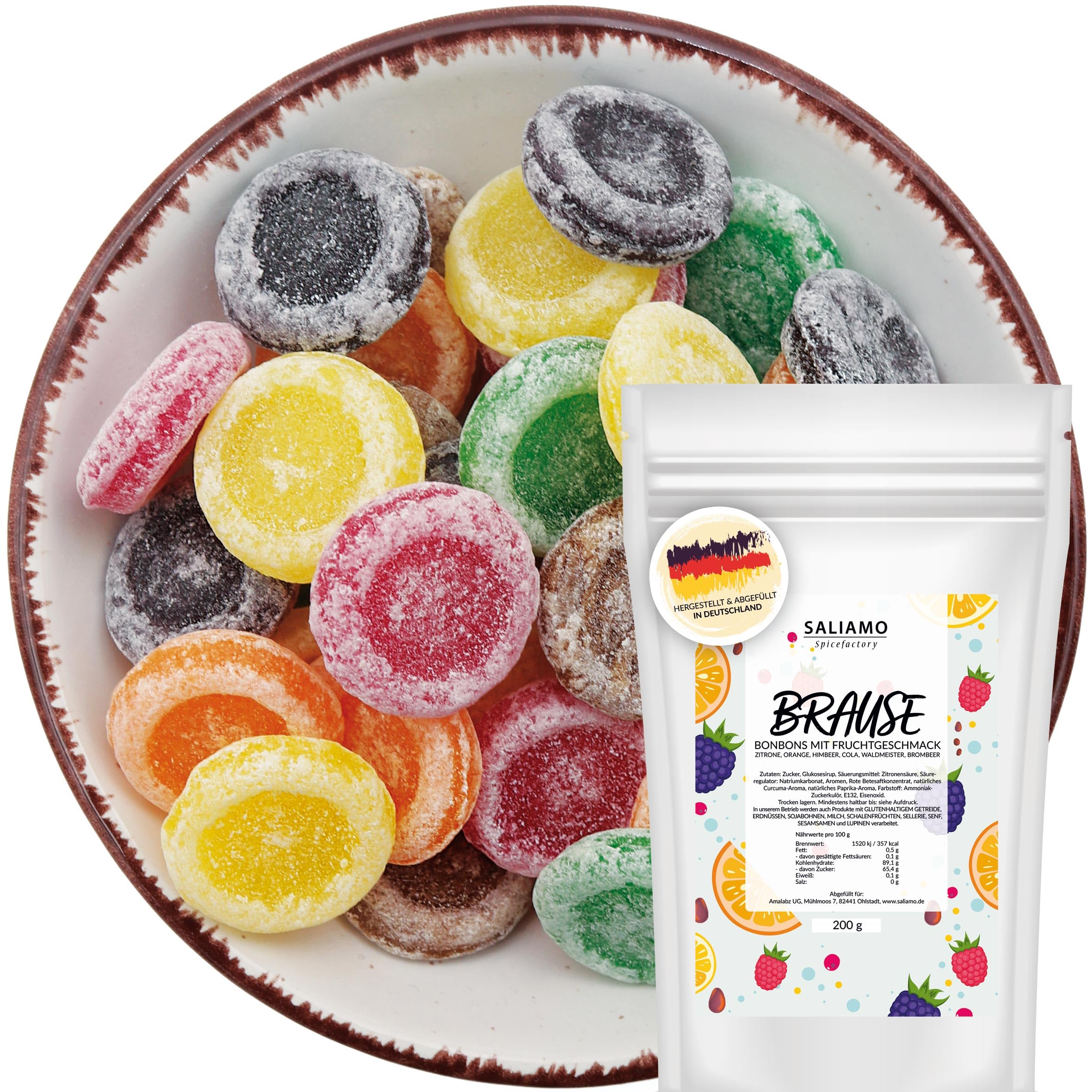 Saliamo | 200g Frucht Bonbons - Brause Bonbon Taler - prickelter Genuss - Retro Fruchtbonbons - Bonbons wie früher - Jahrmarkt Bonbons - Deutsche Manufaktur