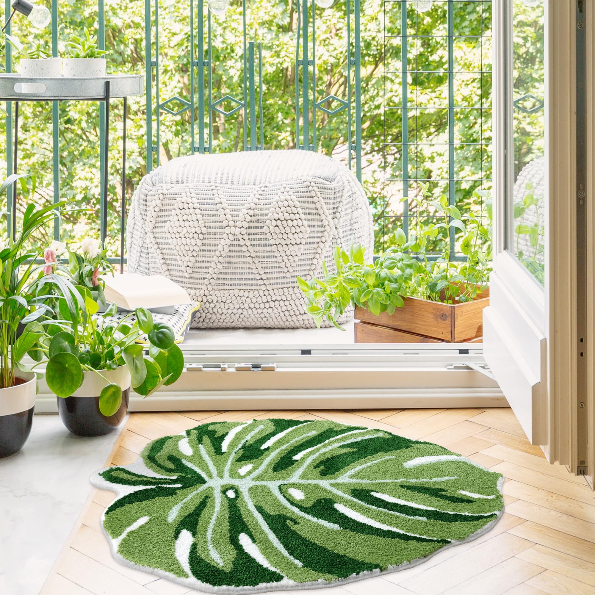 Panstar Green Leaf Mat, Large Monstera Cute Non Slip Palm Shaped Plush Fun Kitchen, Bathroom Bathtub Rugs Machine Washable: 36" x 43"