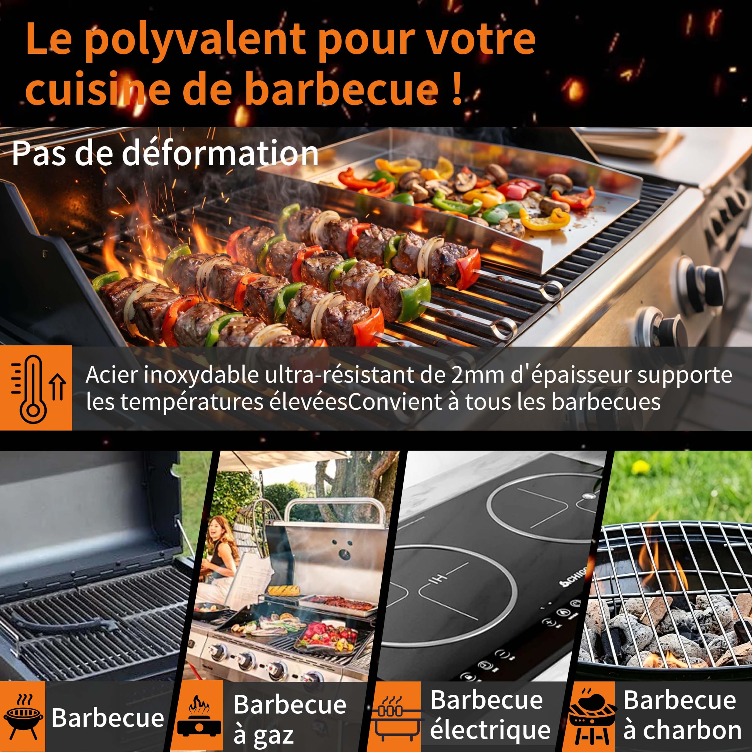 Plaque de cuisson en acier inoxydable - Épaisse et anti-rouille, inclut 2 spatules et 5 brochettes - Pour la plupart des grils à gaz et au charbon de bois (40x30x4CM)