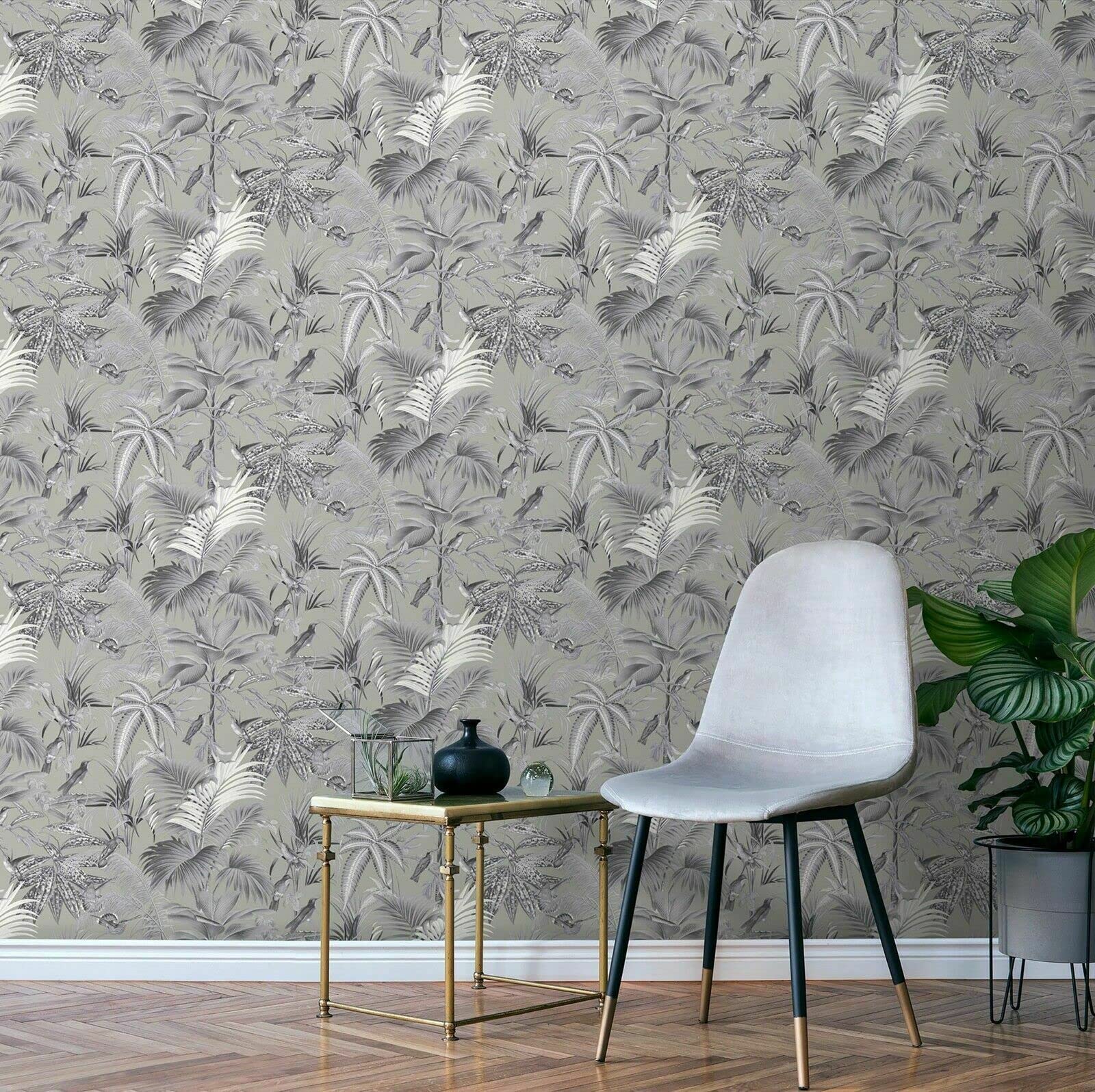 Sophie Laurence Tropical Birds Moonlight Tropical Rain Forest Birds Jungle Palm Leaves Green Non-Woven Wallpaper (Tropical Birds Moonlight)