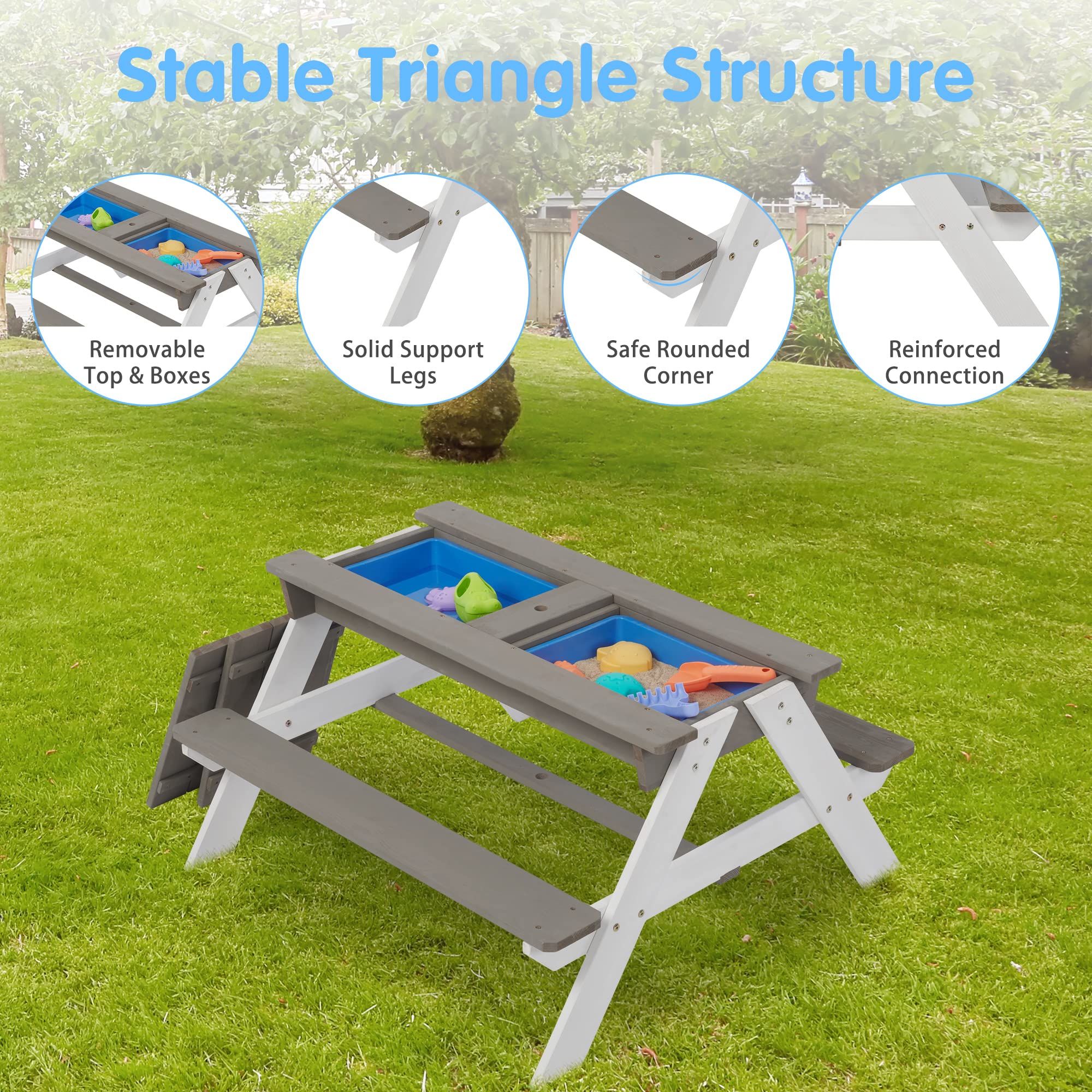 3-in-1 Kids Outdoor Wooden Picnic Table with Umbrella, Convertible Sand & Water, Gray ASTM & CPSIA Certification