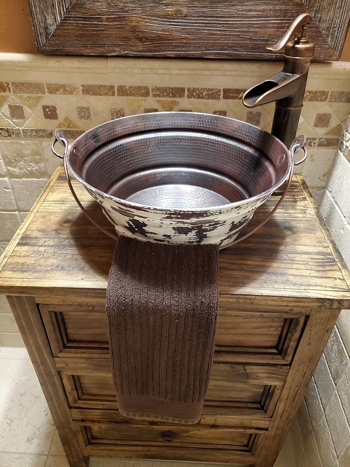 15" Round Copper Vessel BUCKET Bathroom Sink with Distressed Antique White Exterior and LT Drain