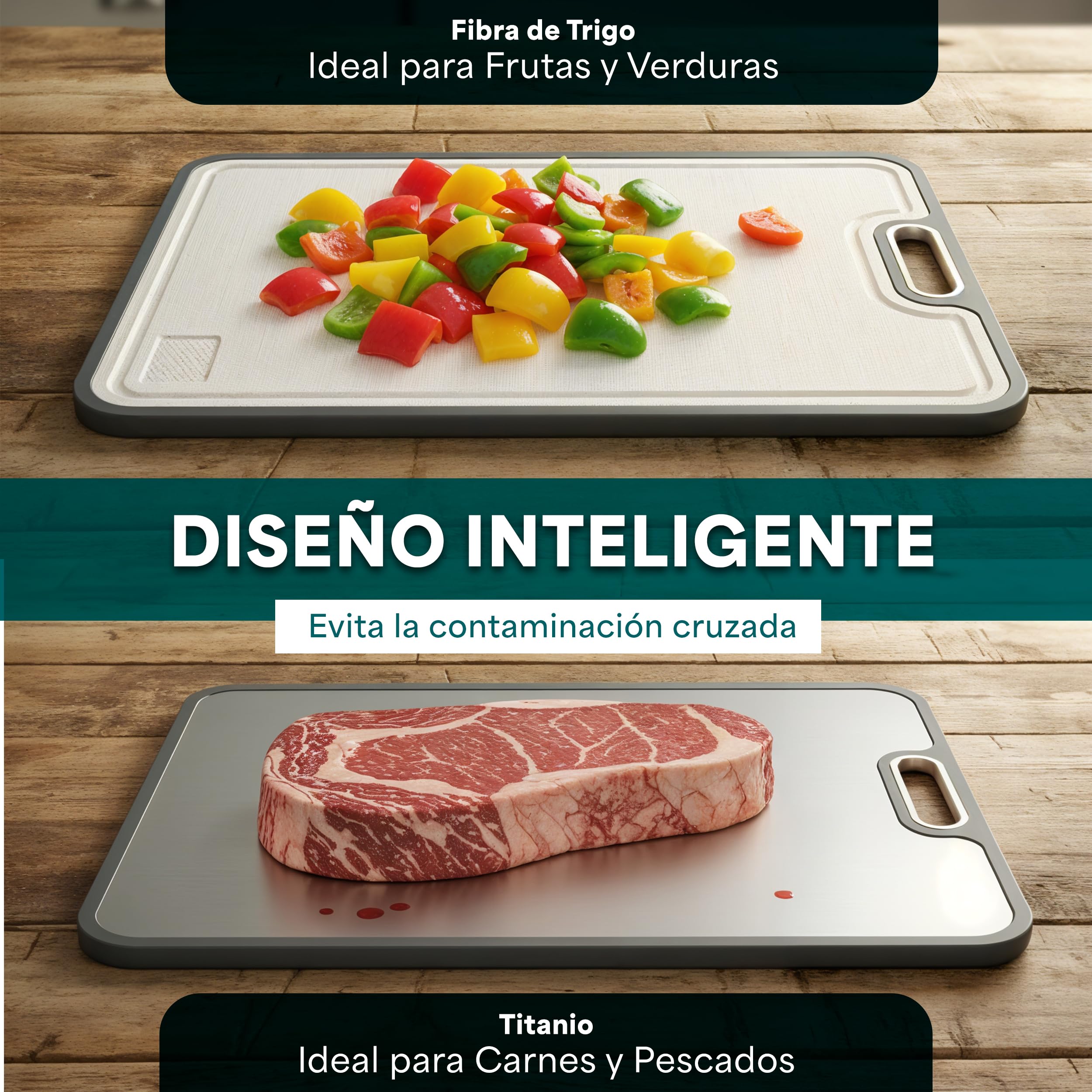 Tabla de Cortar Titanio Puro Doble Cara 31x21 cm - Antibacteriana, Antideslizante, Sin BPA ni Olores - Cara de Titanio y Fibra de Trigo - Tabla Cocina Higiénica Premium