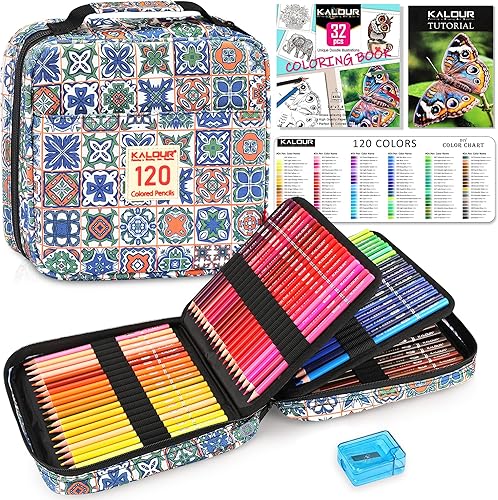 KALOUR PDAS Juego de 126 lápices de colores, con libros para colorear, tutorial, carta de colores, 120 lápices de colores de núcleo suave de alta