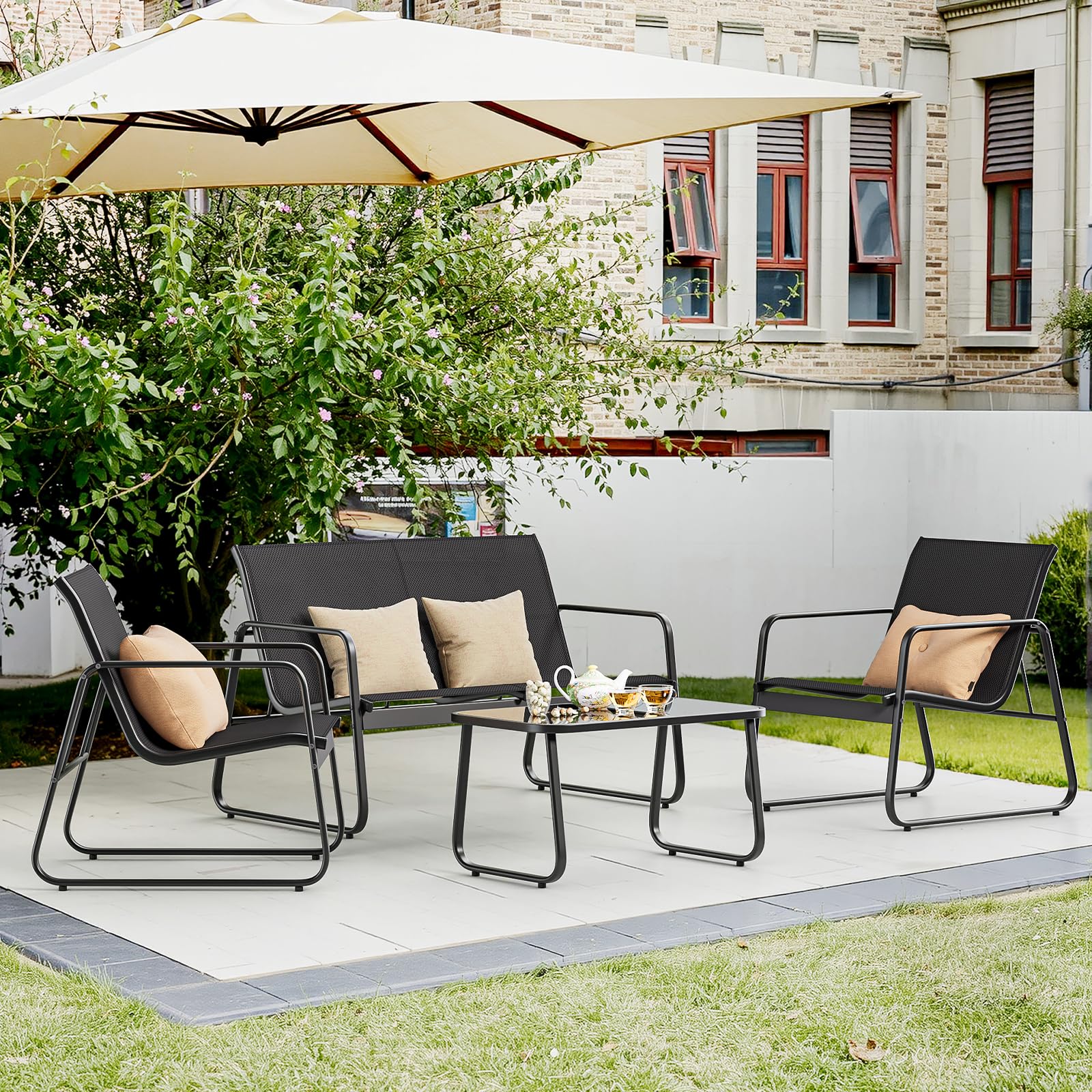Bealife Conjunto de Muebles de jardín de 4 Piezas, Conjunto de Patio de Tela Teslin, Incluye 3 sillones y 1 Mesa de Vidrio, Adecuado para Patios, Jardines y Espacios al Aire Libre (Negro)