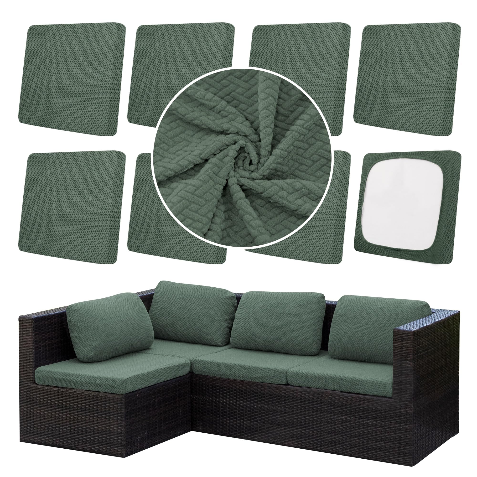 8pcs outdoor cushion covers, patio cushion covers,stretch elastic slipcovers, replacement washable furniture protector for patio couch,thick jacquard textured twill fabric(matcha green,cover only)