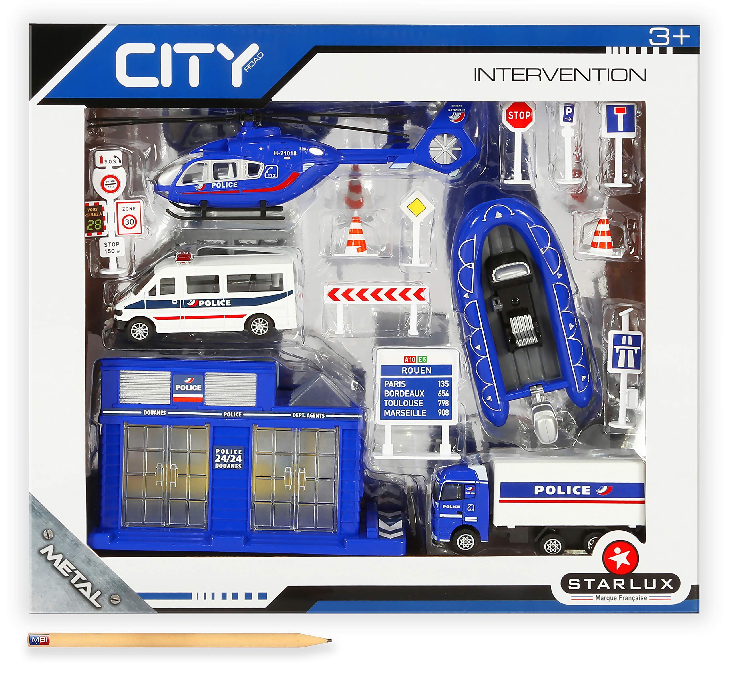 STARLUX – Coffret de Petites Voitures de Police avec Poste de Douane, hélicoptère de Police, Zodiac et Panneaux Routiers – Jouet Enfant 3 Ans et Plus - 806102
