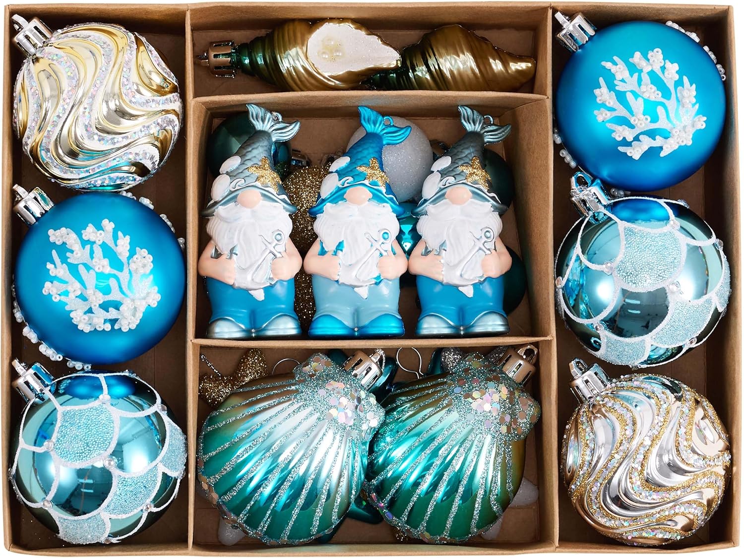 Valery Madelyn Summer Tree Ornaments, 30ct Teal Aqua Blue Shatterproof Beach Coastal Decor, Ocean Themed Christmas in July Tree Decorations, Hanging Gnome Seashell Conch Shell Coral for Tropical Party