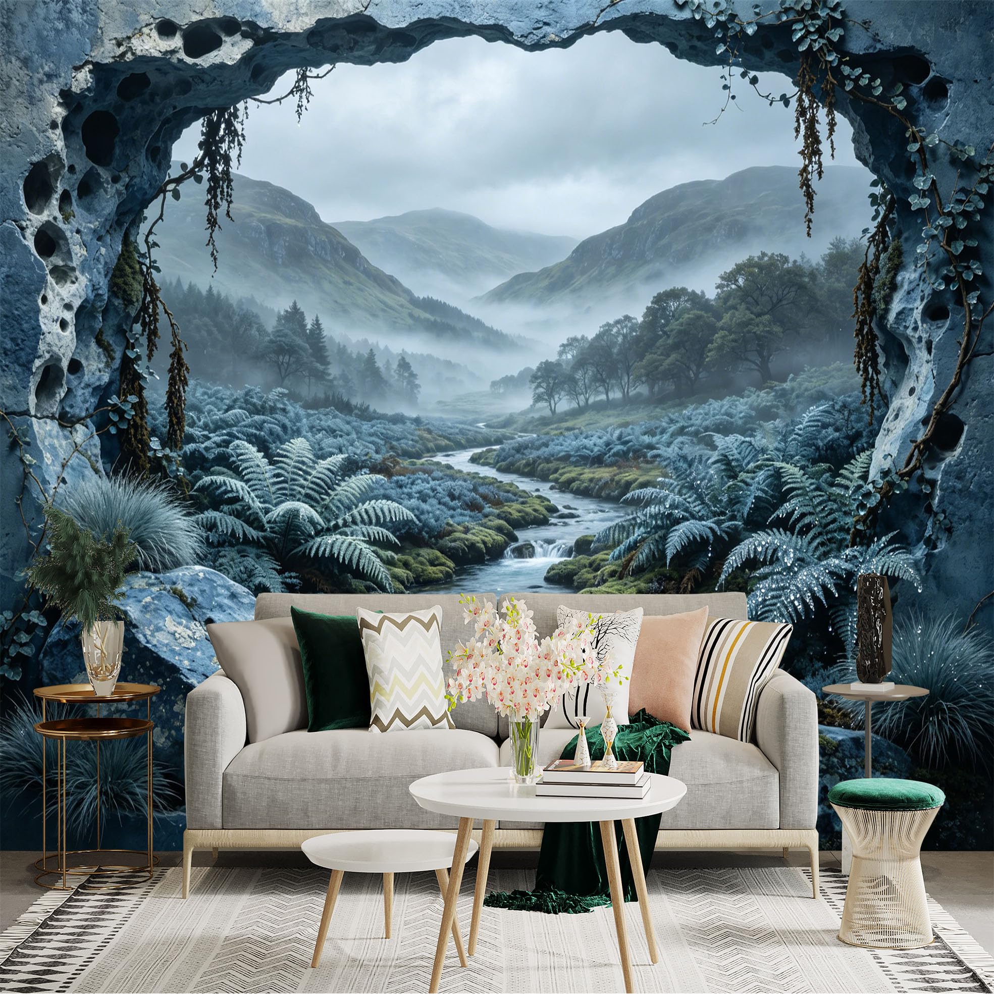 Custom Size Wall Sticker Mural， Misty Mountain Valley with River and Ferns， for wall Decoration， peelandstick wall Decals.
