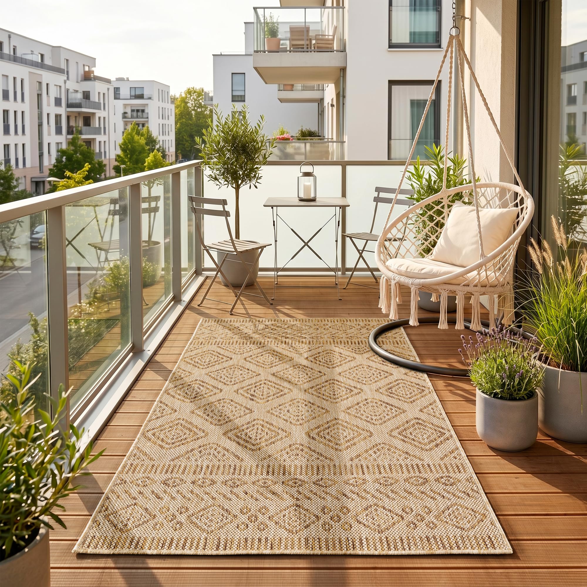HomebyHome Outdoor Teppich Beige Balkon Terrasse Garten Wetterfest UV-beständig Teppich Einfarbig Flachgewebe Pflegeleicht Robust Modern
