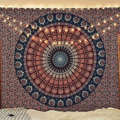 Tapiz con diseño de mandala estilo bohemio, hippie y psicodélico, estampado de plumas de pavo real, para colgar en pared de dormitorio (36.02 x